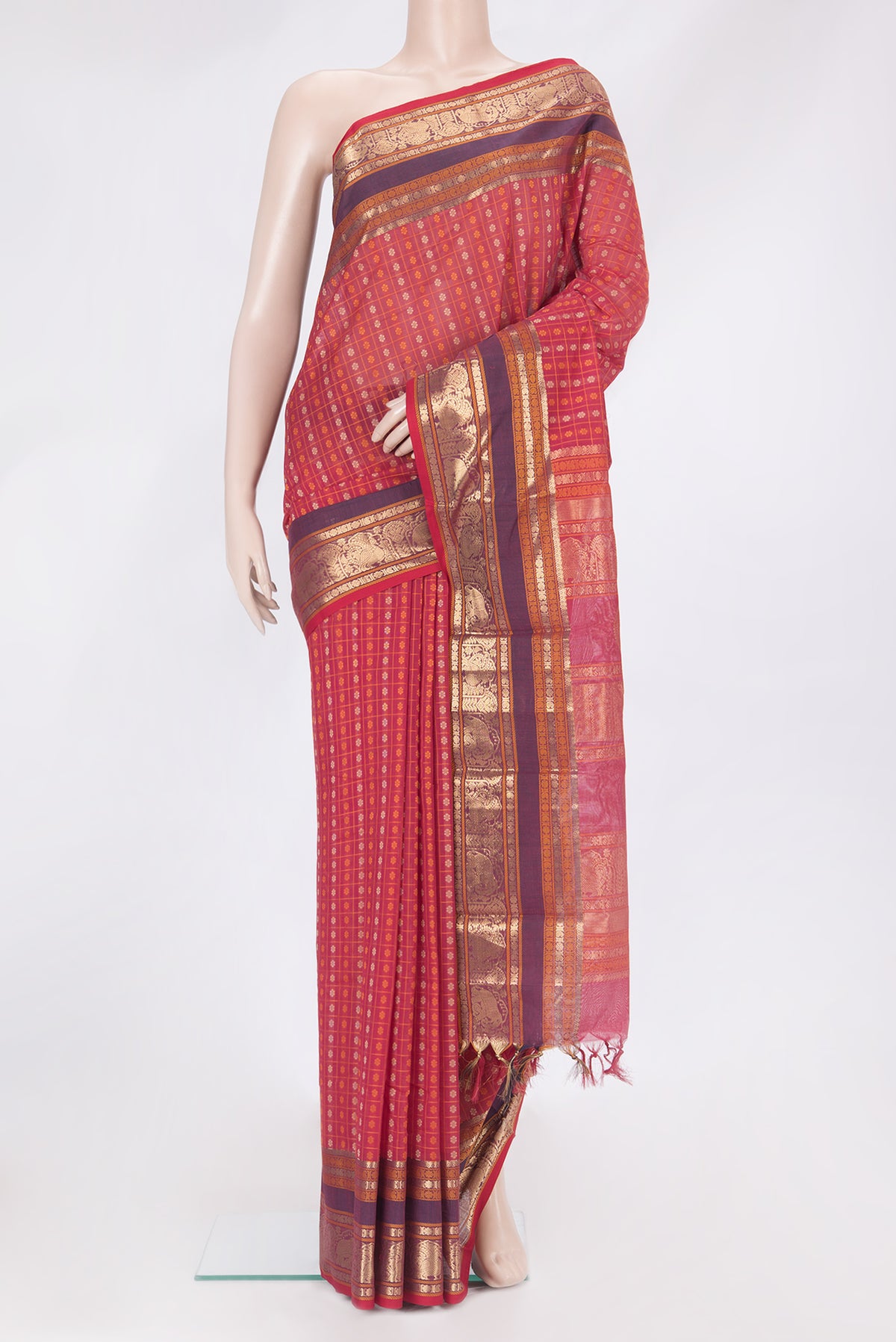 Dark Pink Dual Tone Kanchi Cotton Saree with Thread Butta on the body and Zari And Thread Border.  displayed on a mannequin