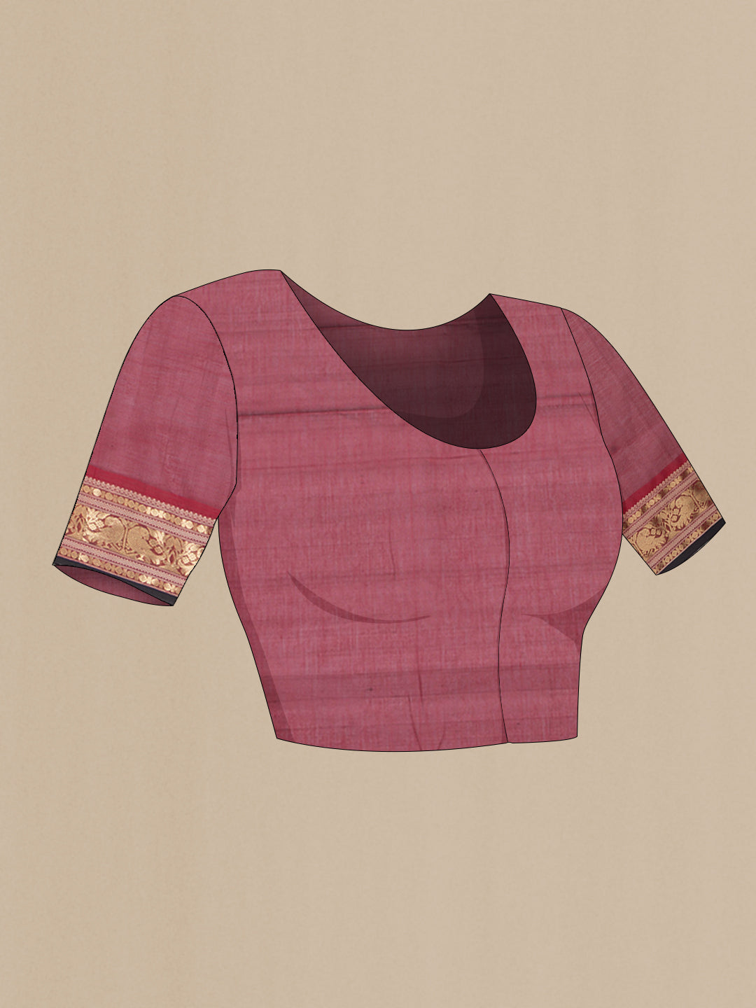 Close up image of the blouse of Maroon Silk Cotton Saree with Zari Butta on the body and Zari Border. 