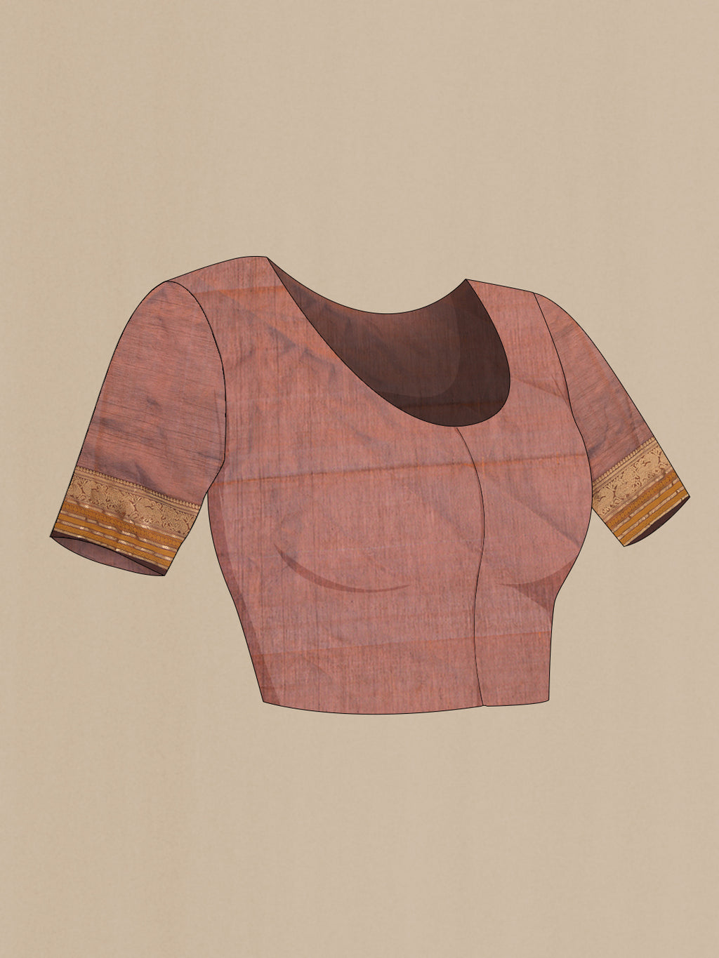 Close up image of the blouse of Brown Silk Cotton Saree with Checked design on the body and Zari Border. 