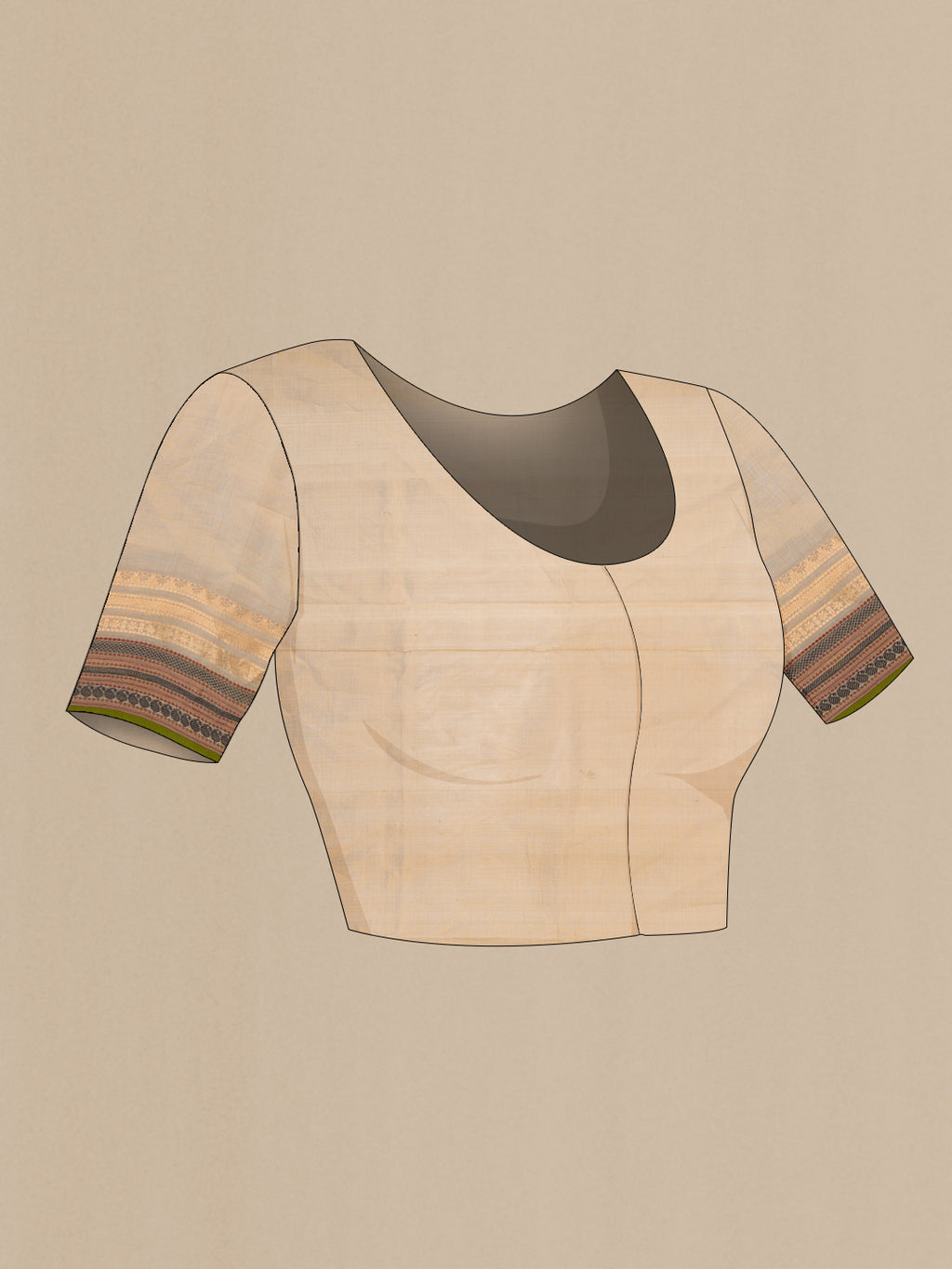 Close up image of the blouse of Beige Dual Tone Silk Cotton Saree with Zari Butta on the body and Zari Border. 