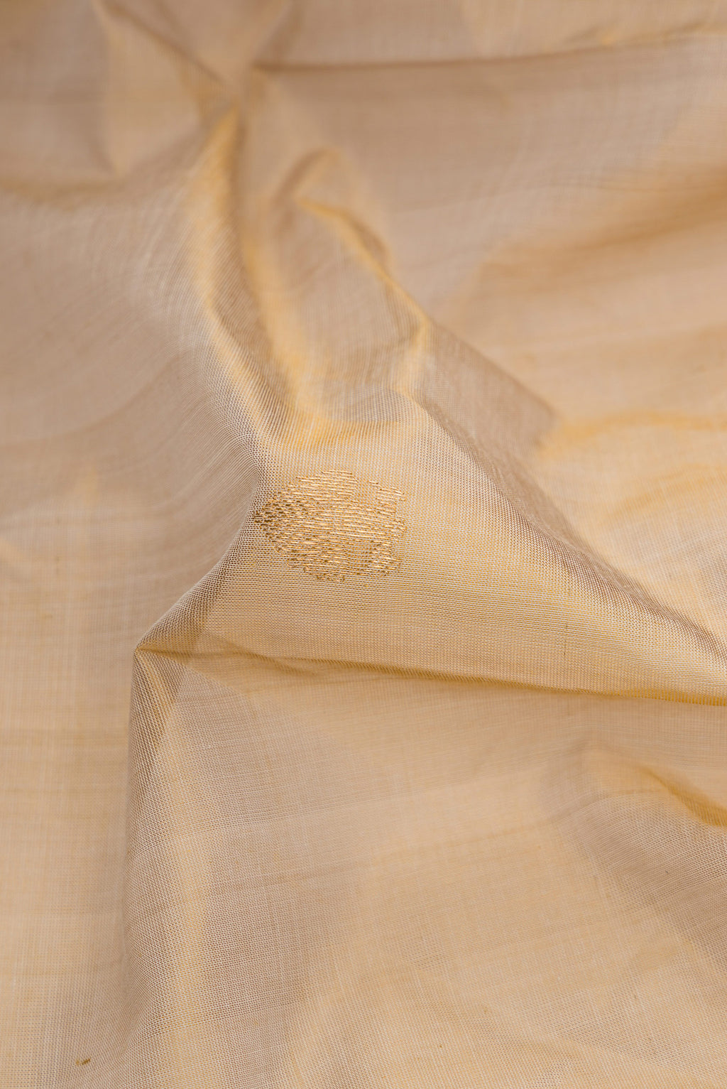 Close up of Beige Dual Tone Silk Cotton Saree with Zari Butta on the body and Zari Border.  displaying folds