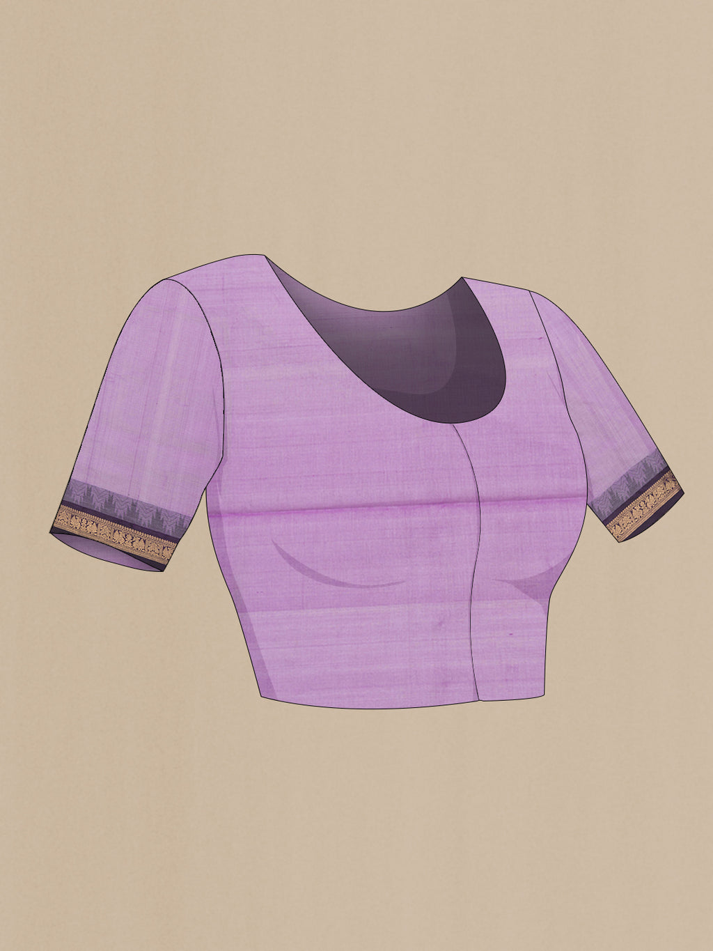 Close up image of the blouse of Lavender Silk Cotton Saree with Zari Butta on the body and Zari Border. 