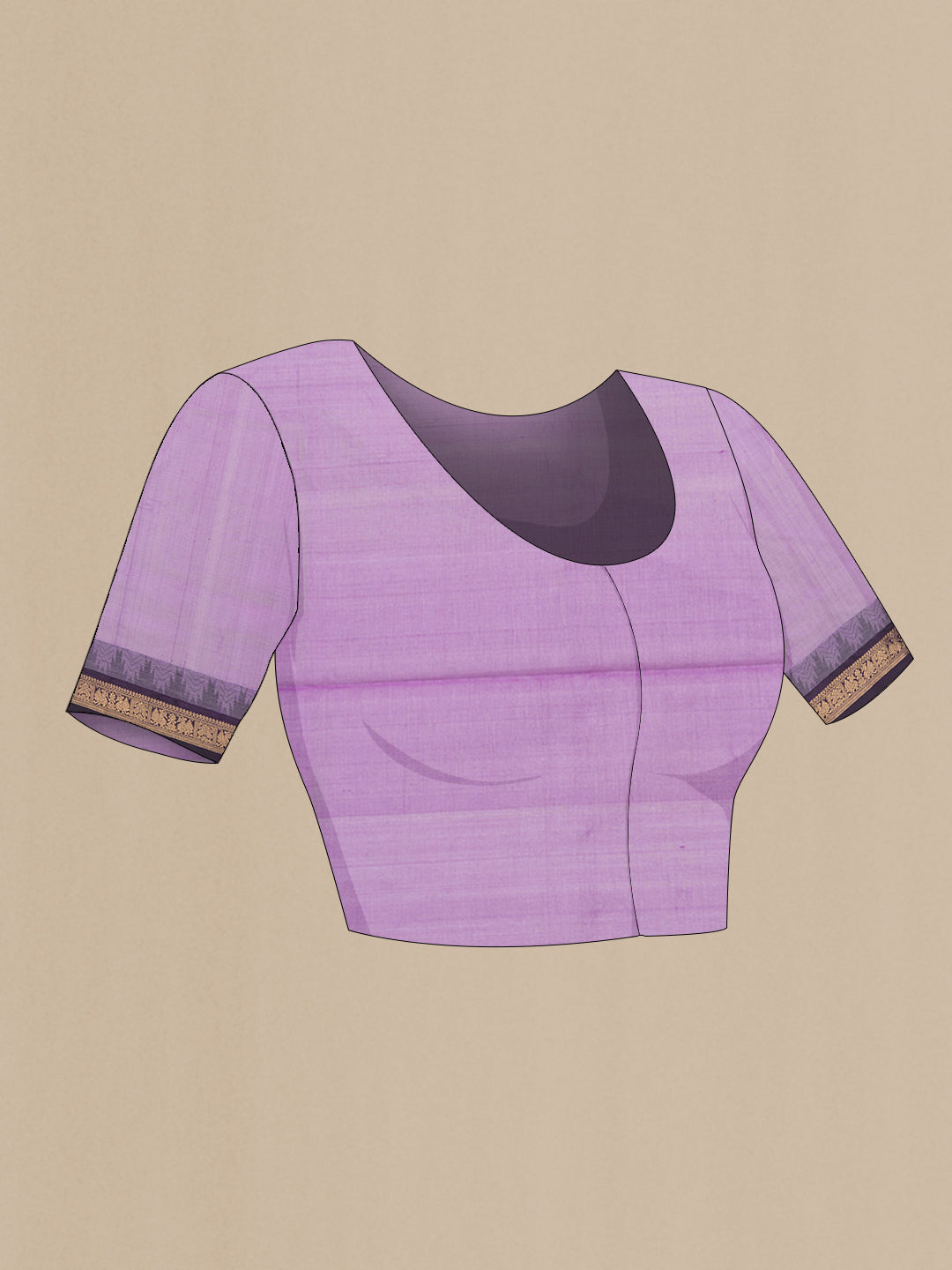 Close up image of the blouse of Lavender Silk Cotton Saree with Zari Butta on the body and Zari Border. 