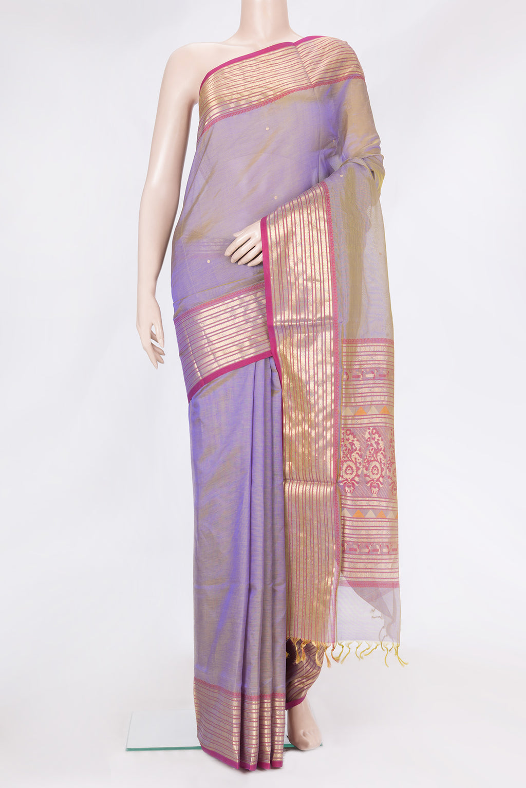 Purple Dual Tone Silk Cotton Saree with Zari Butta on the body and Zari Border.  displayed on a mannequin