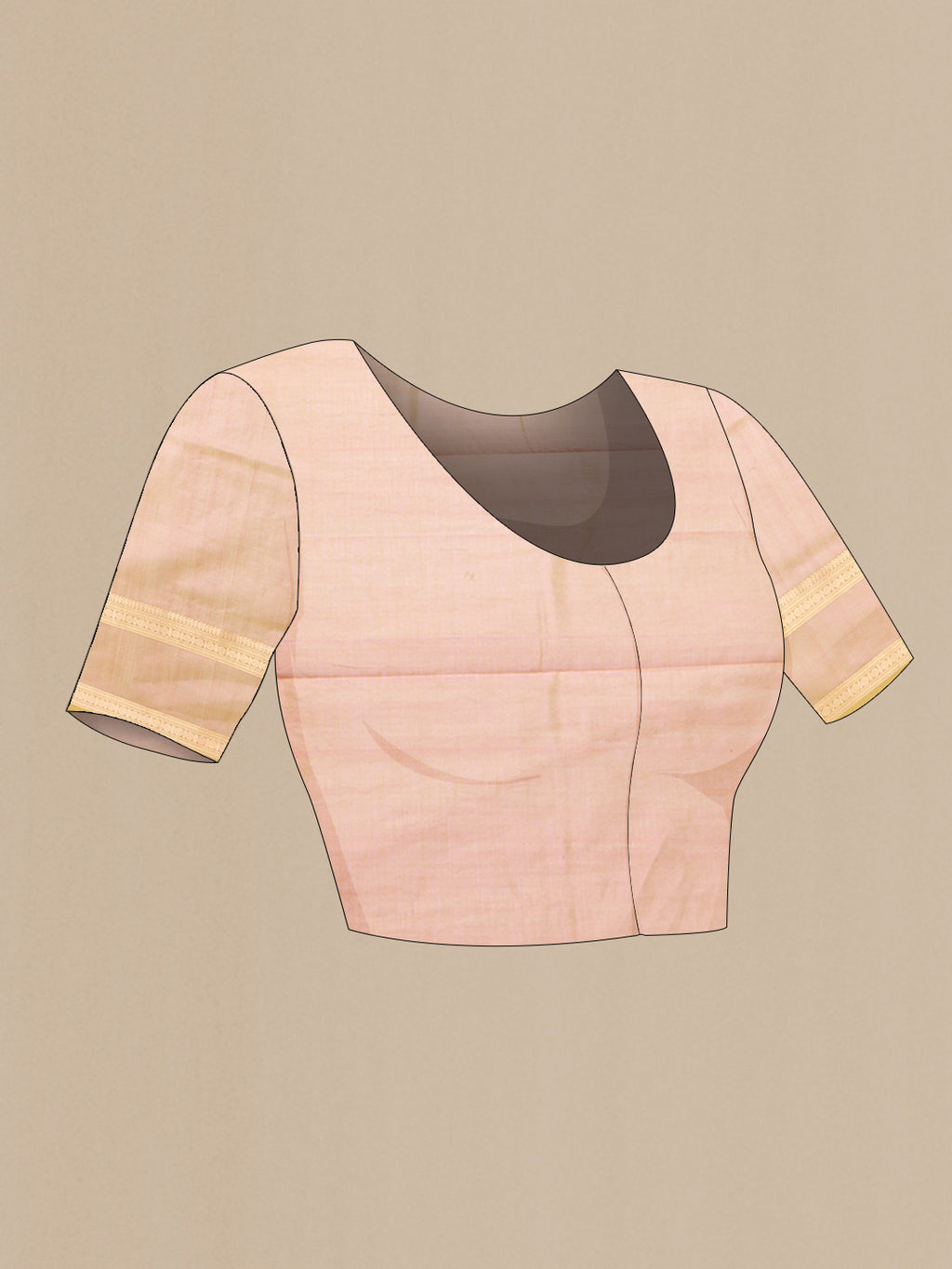 Close up image of the blouse of Rose Gold Dual Tone Silk Cotton Saree with Zari Butta on the body and Zari Border. 