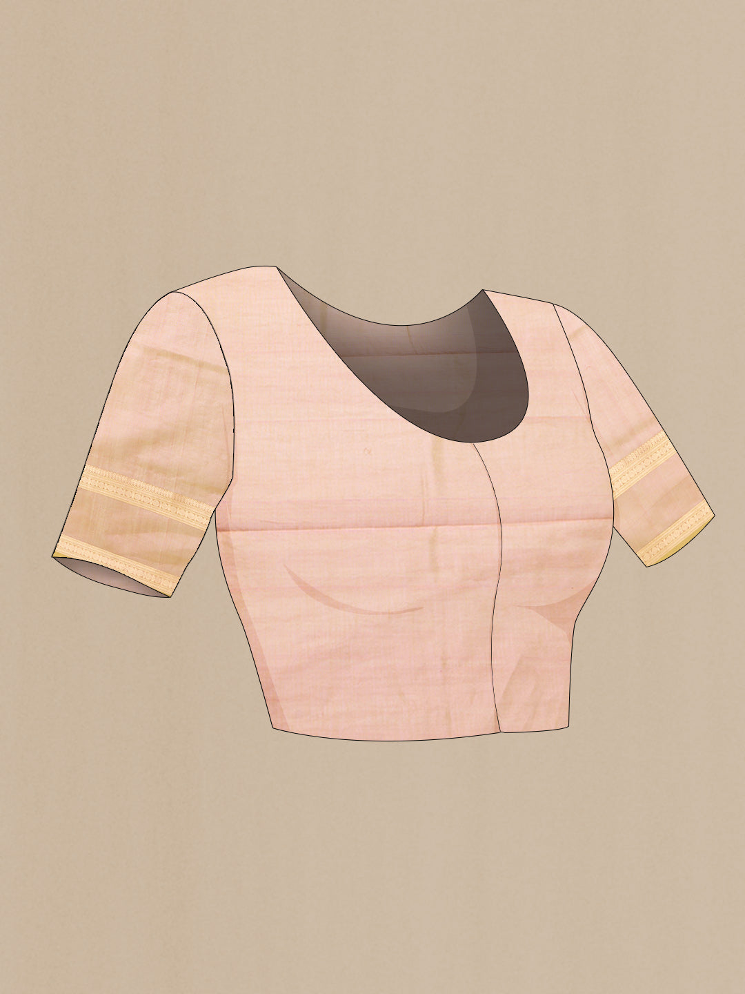 Close up image of the blouse of Rose Gold Dual Tone Silk Cotton Saree with Zari Butta on the body and Zari Border. 