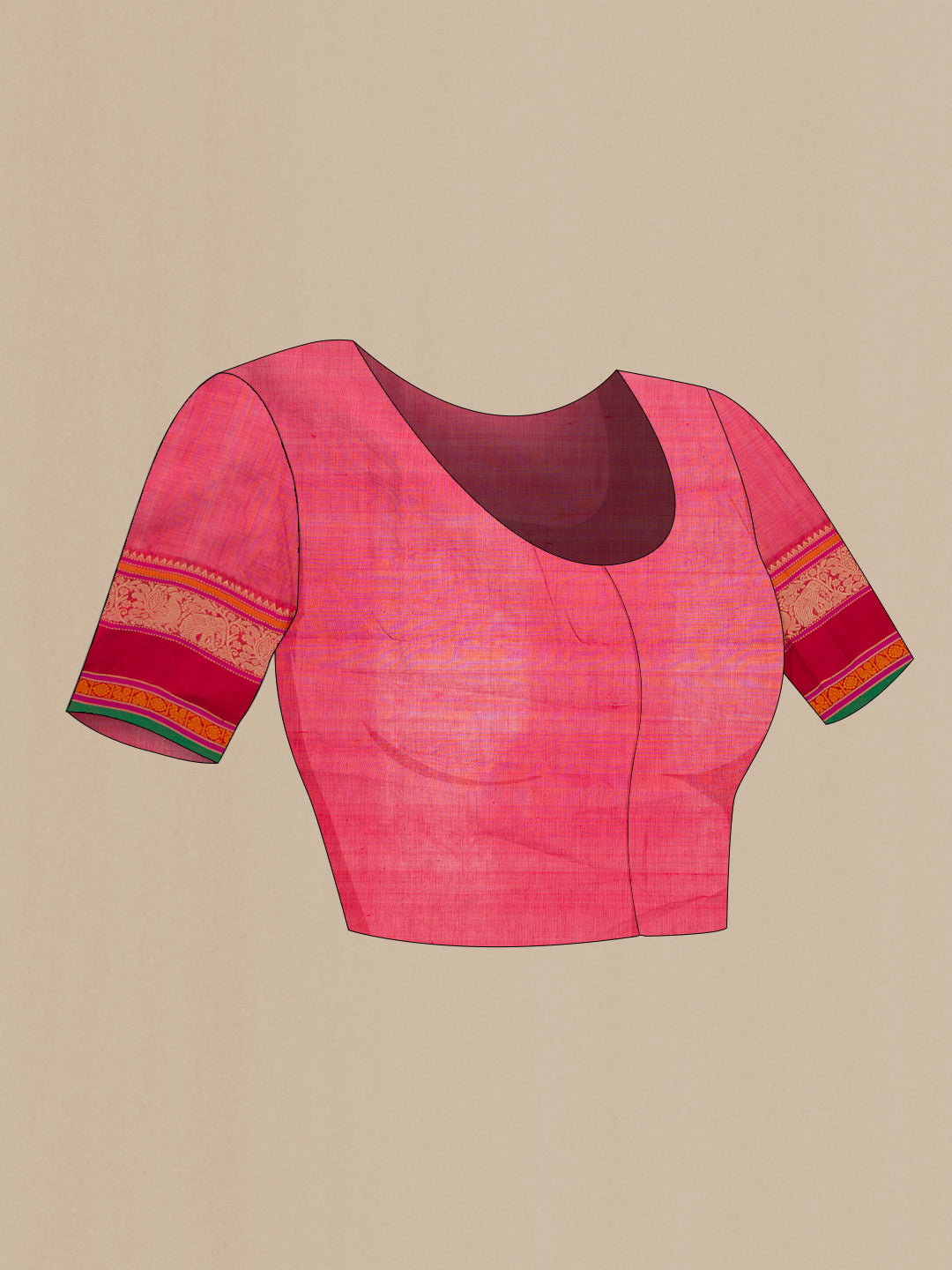 Close up image of the blouse of Maroon Dual Tone Silk Cotton Saree with Thread Butta on the body and Thread Border. 