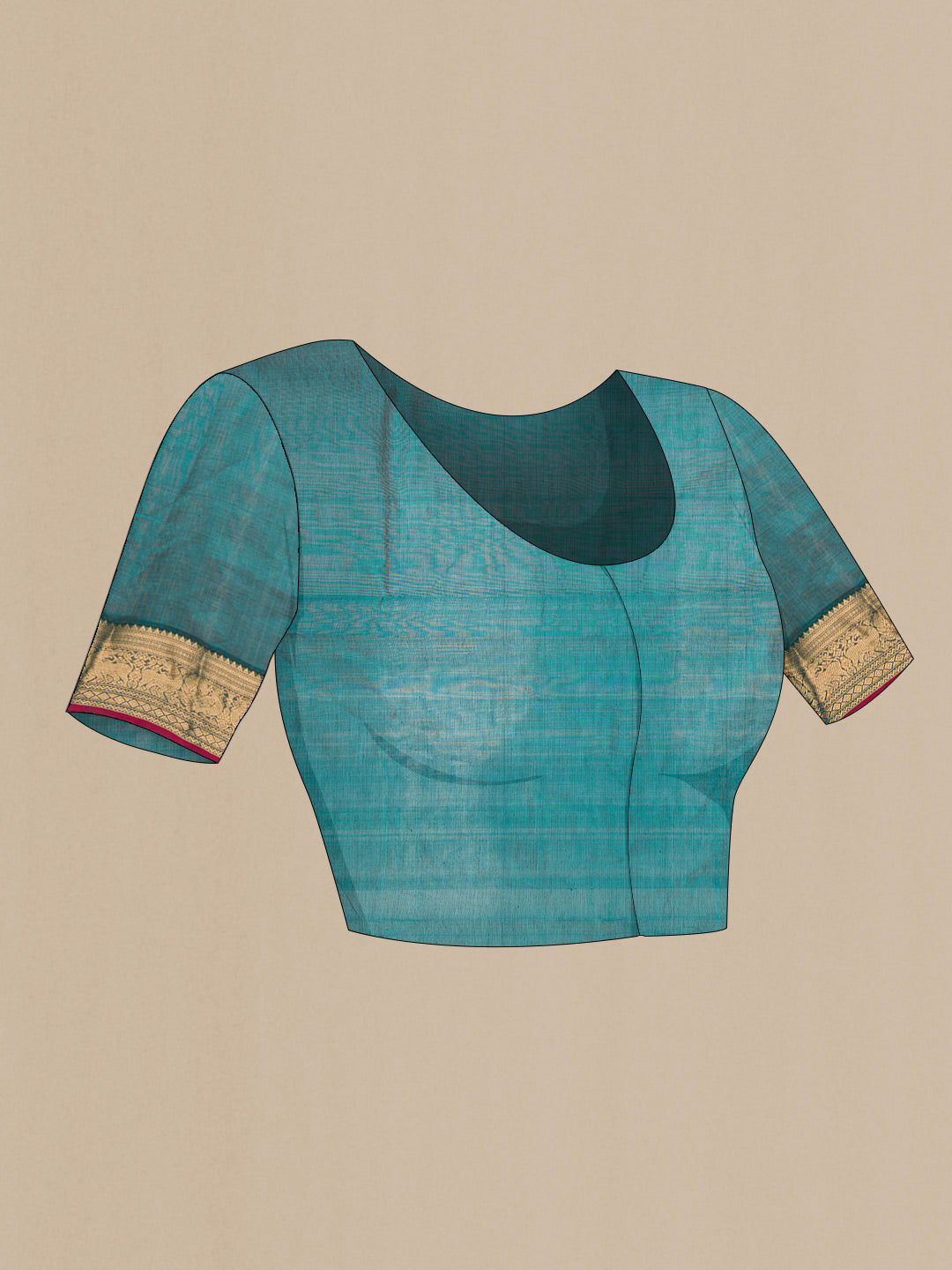 Close up image of the blouse of Peacock Blue Dual Tone Silk Cotton Saree with Checked design on the body and Zari Border. 