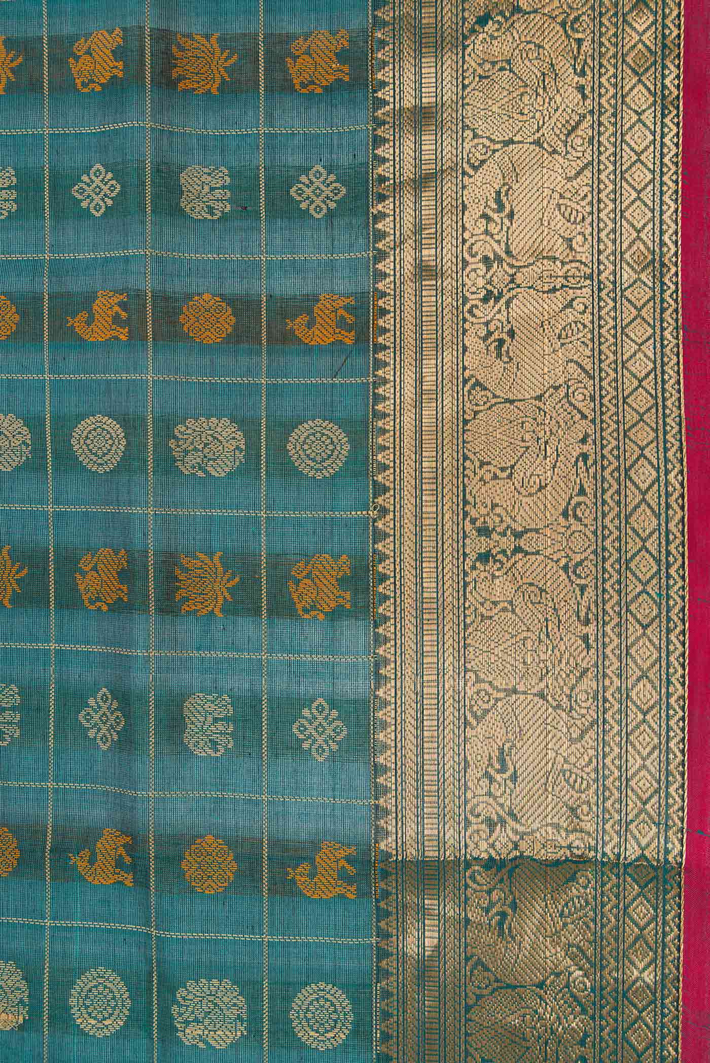 Border image of Peacock Blue Dual Tone Silk Cotton Saree with Checked design on the body and Zari Border. 