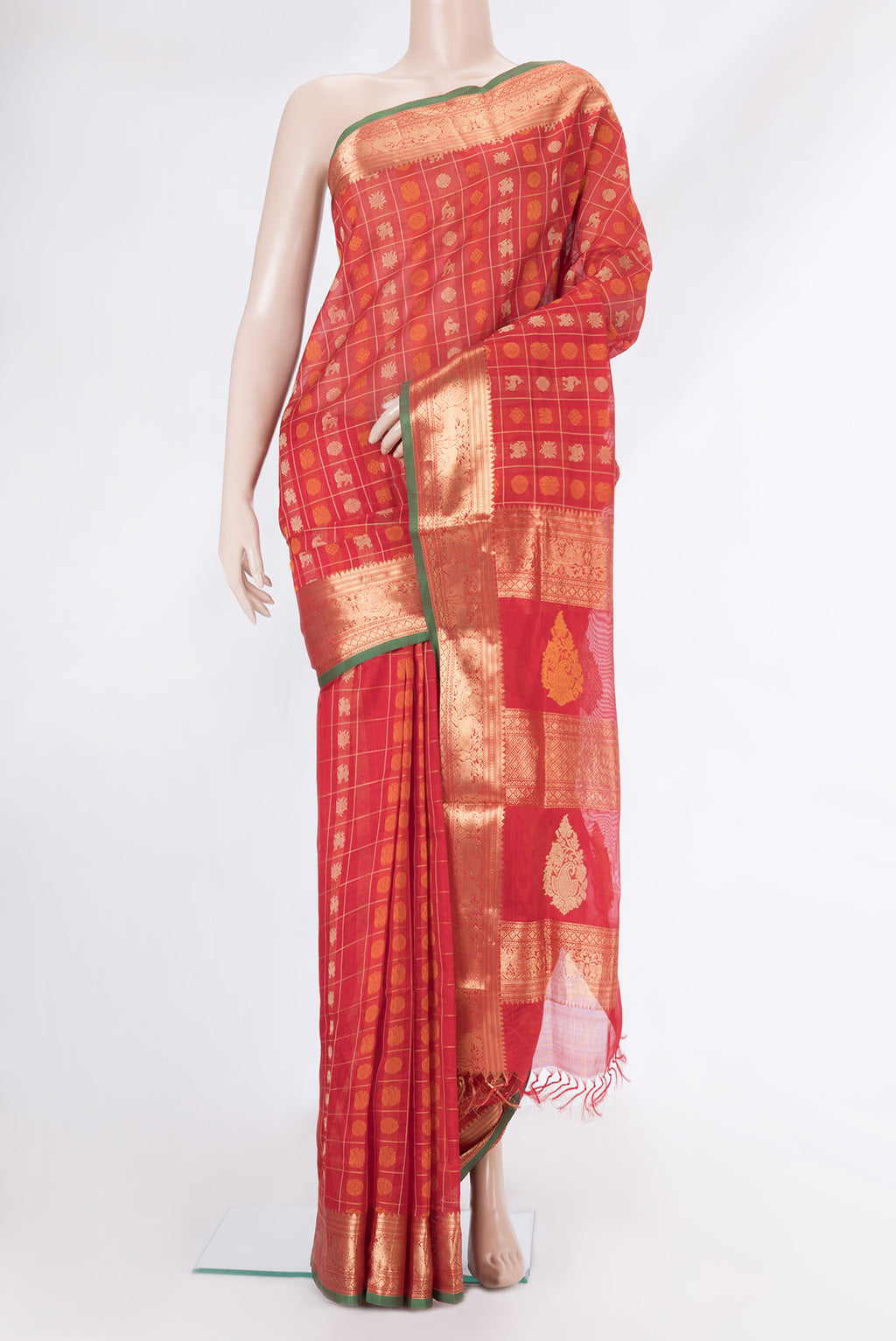 Red Silk Cotton Saree with Checked design on the body and Zari Border.  displayed on a mannequin