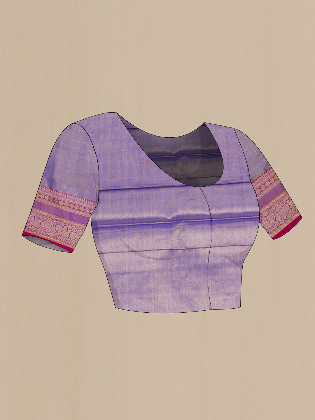 Close up image of the blouse of Purple Dual Tone Silk Cotton Saree with Stripes on the body and Zari Border. 