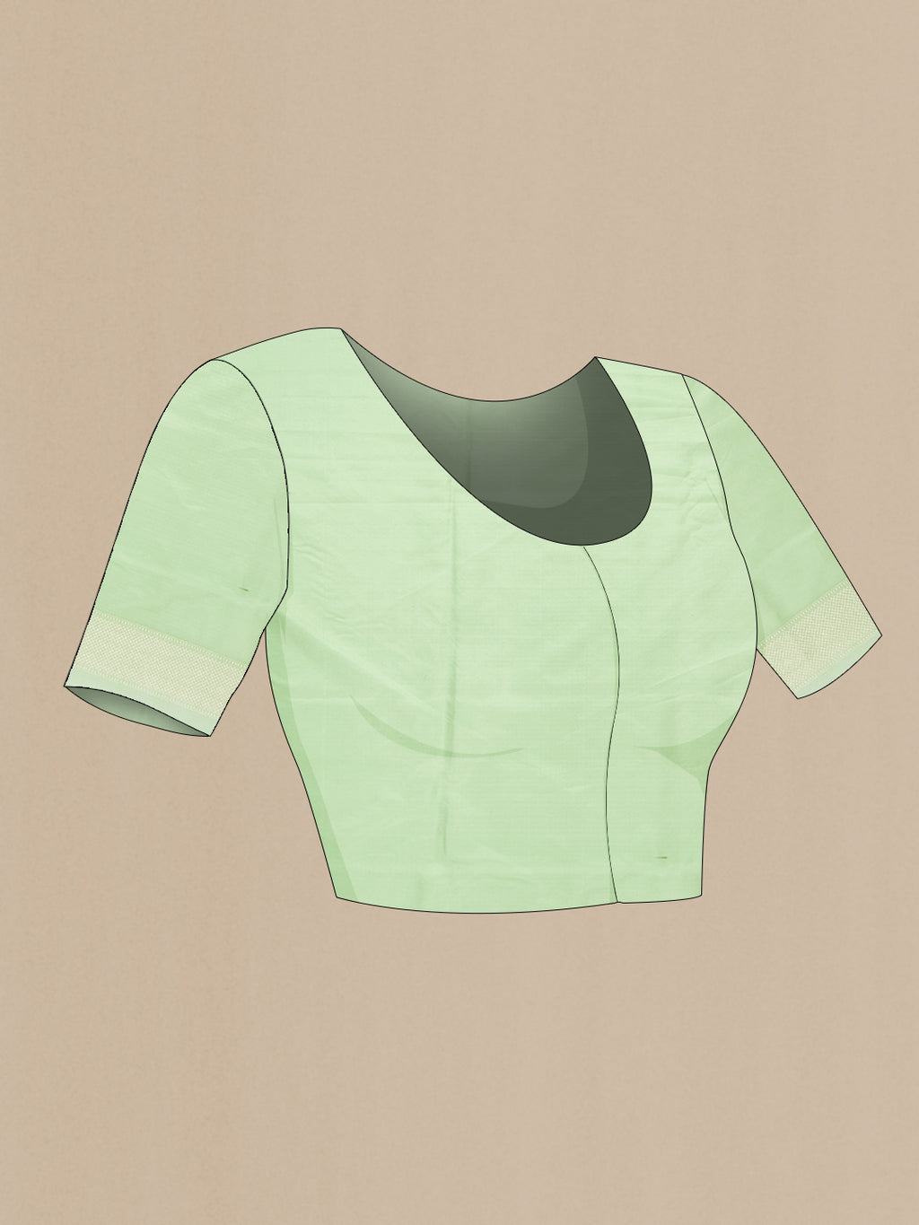 Close up image of the blouse of Pista Green Dual Tone Blended Banarasi Silk Saree with Zari Brocade on the body and Zari Border. 