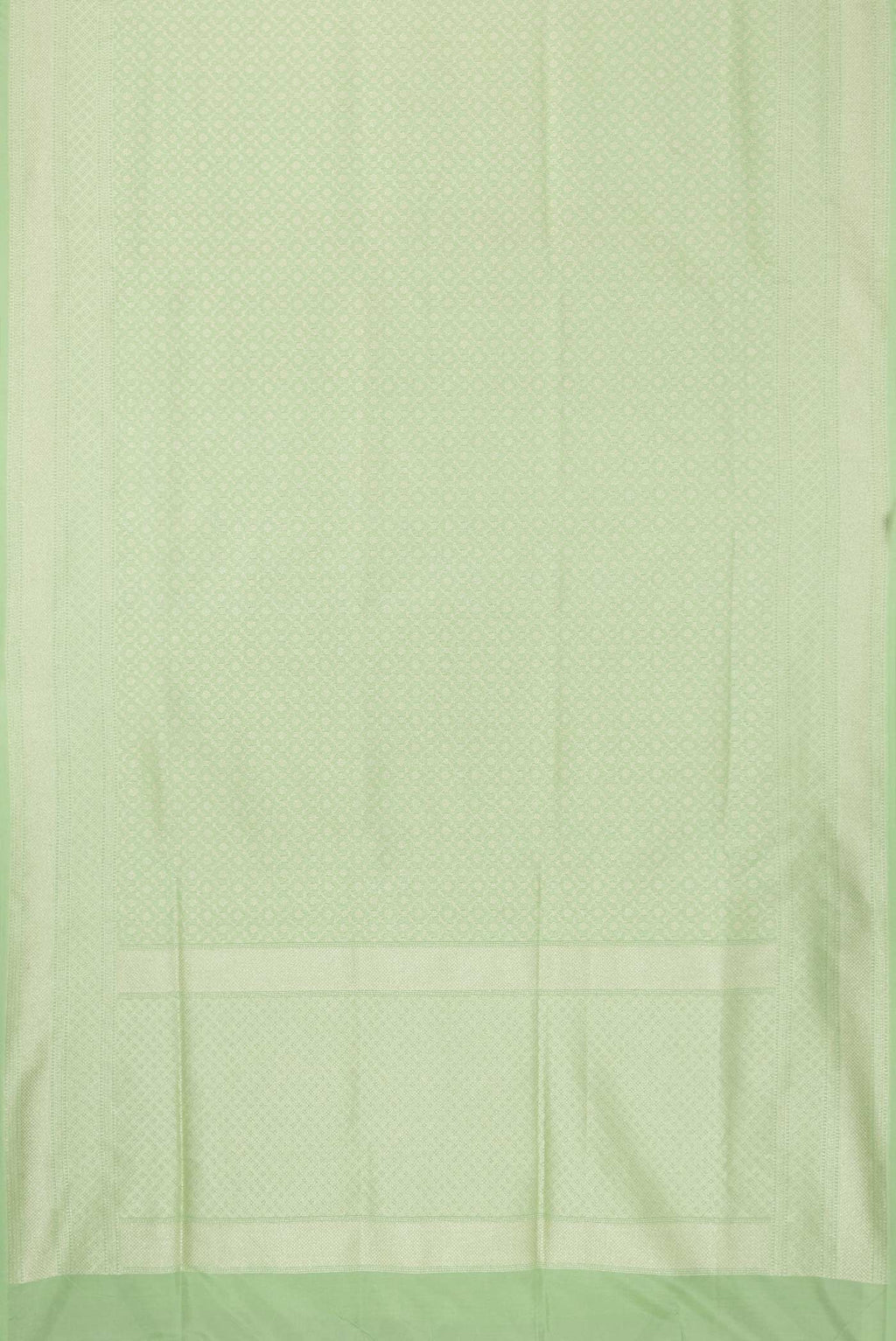 Flat view of Pista Green Dual Tone Blended Banarasi Silk Saree with Zari Brocade on the body and Zari Border. 