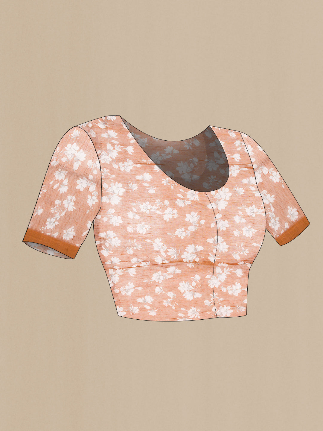 Close up image of the blouse of Brown Linen Saree with Floral Print on the body and Plain Border. 