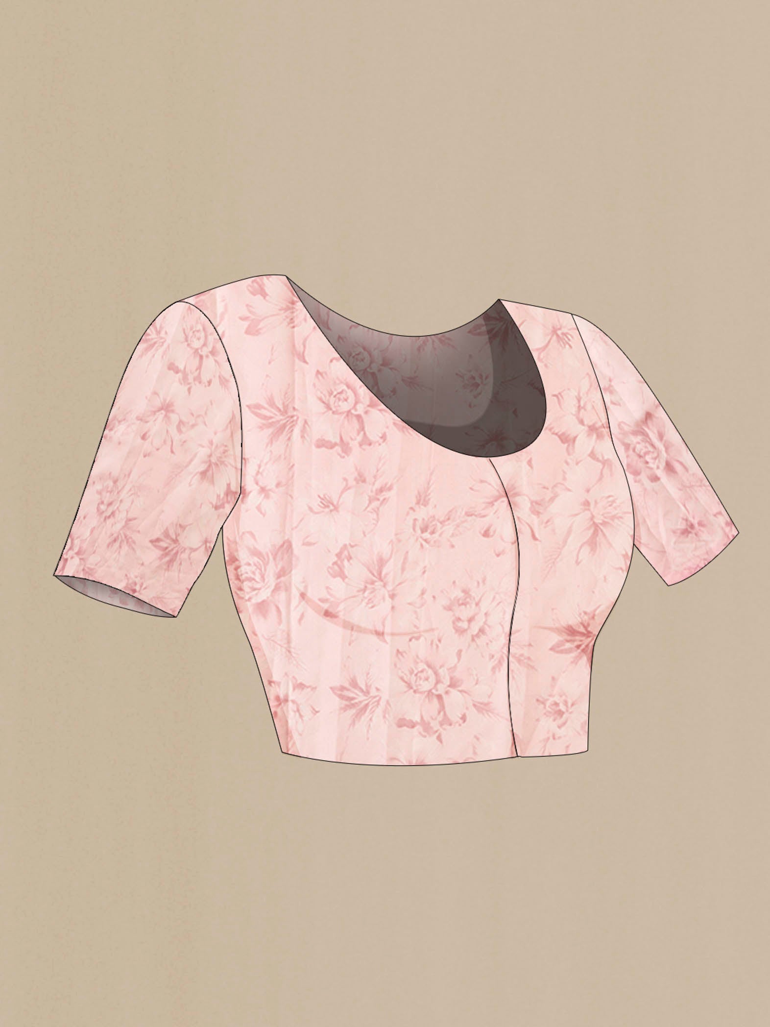 Close up image of the blouse of Pink Organza Silk Saree with Printed design on the body and Without Border