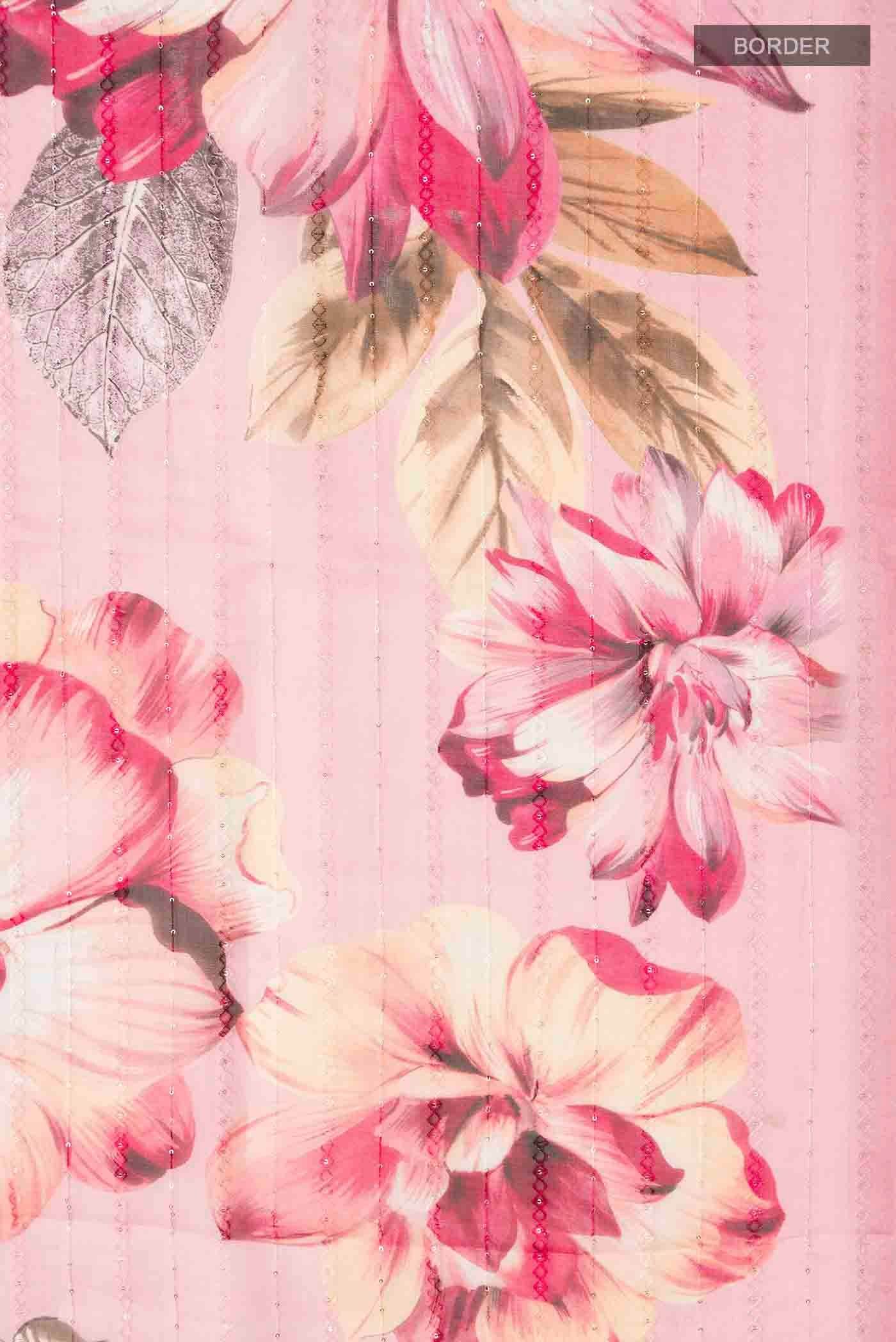 Border image of Pink Organza Silk Saree with Printed design on the body and Without Border