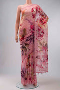Pink Organza Silk Saree with Printed design on the body and Without Border displayed on a mannequin