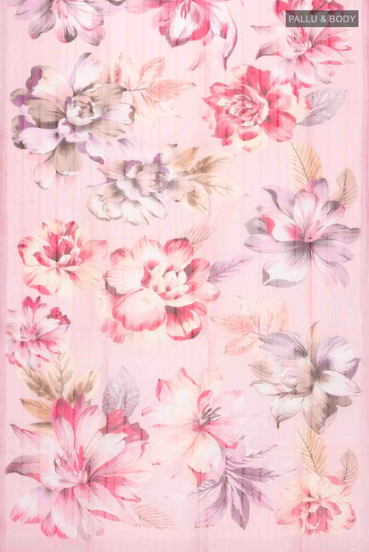 Flat view of Pink Organza Silk Saree with Printed design on the body and Without Border