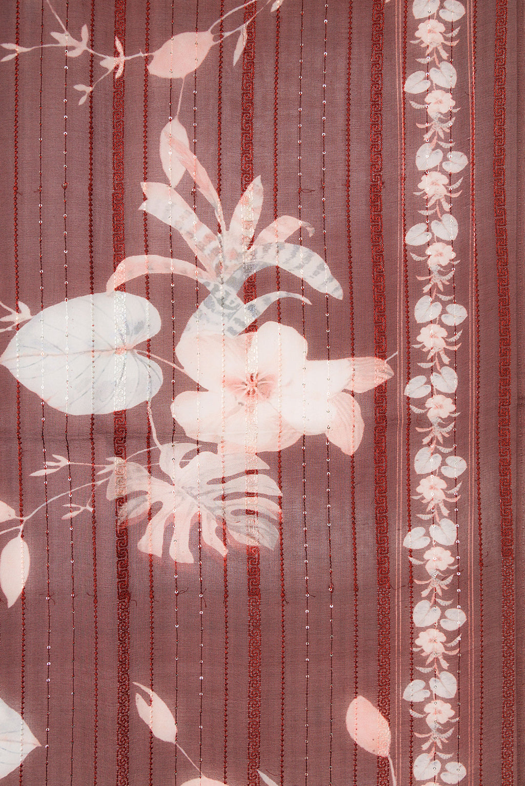 Border image of Maroon Dual Tone Organza Silk Saree with Printed design on the body and Embroidery Border. 