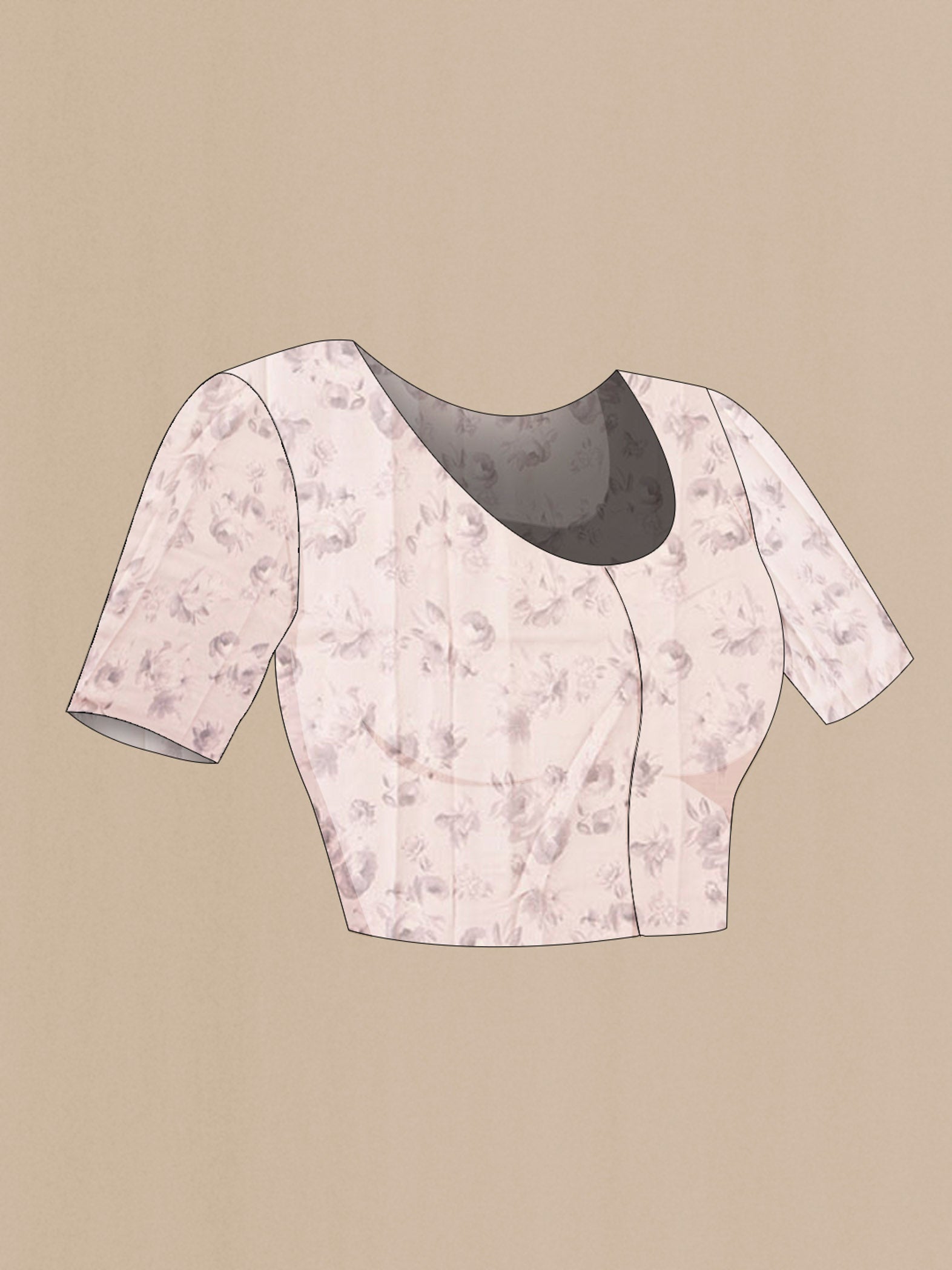 Close up image of the blouse of Lavender Organza Silk Saree with Printed design on the body and Embroidery Border