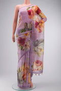 Lavender Organza Silk Saree with Printed design on the body and Embroidery Border displayed on a mannequin