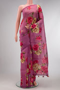 Burgundy Dual Tone Organza Silk Saree with Printed design on the body and Without Border.  displayed on a mannequin