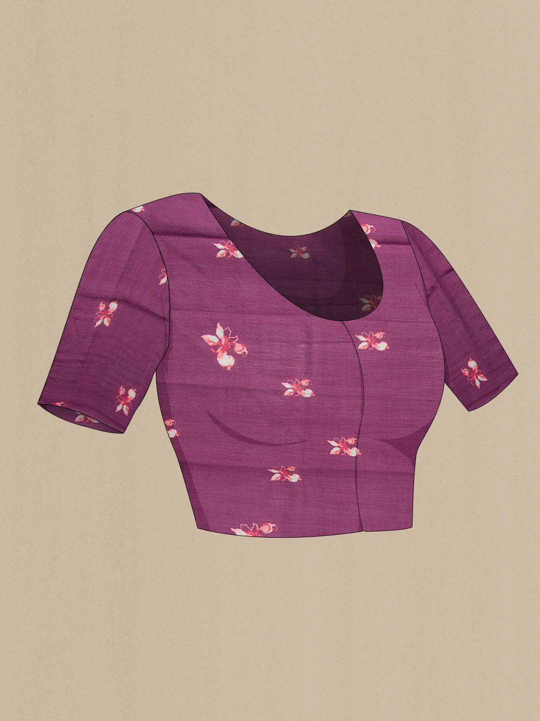 Close up image of the blouse of Burgundy Dual Tone Organza Silk Saree with Printed design on the body and Without Border. 
