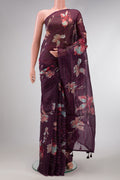 Burgundy Dual Tone Organza Silk Saree with Printed design on the body and Without Border.  displayed on a mannequin