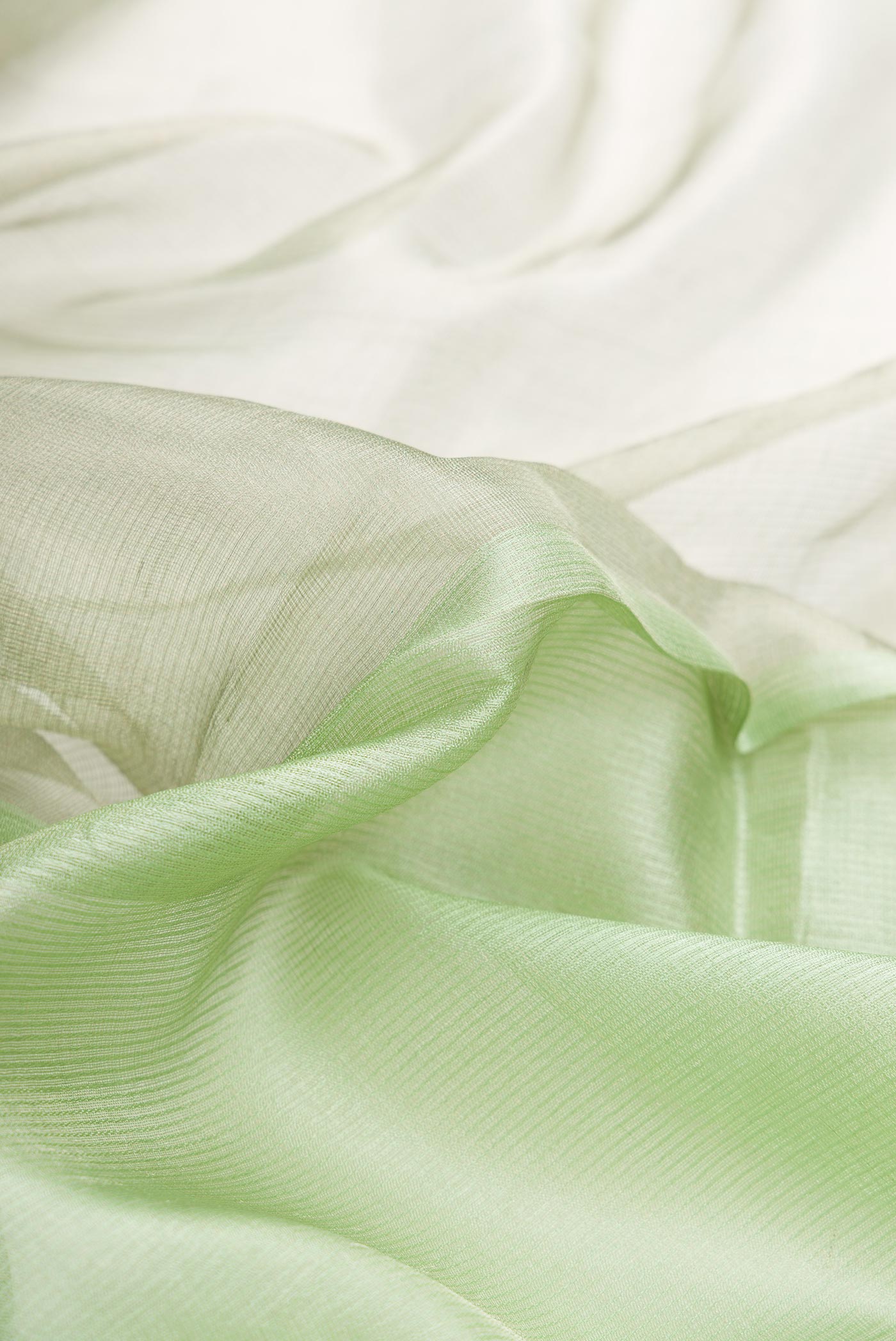 Close up of Pista Green Dual Tone Tussar Silk Saree with Plain Body and Zari Border displaying folds