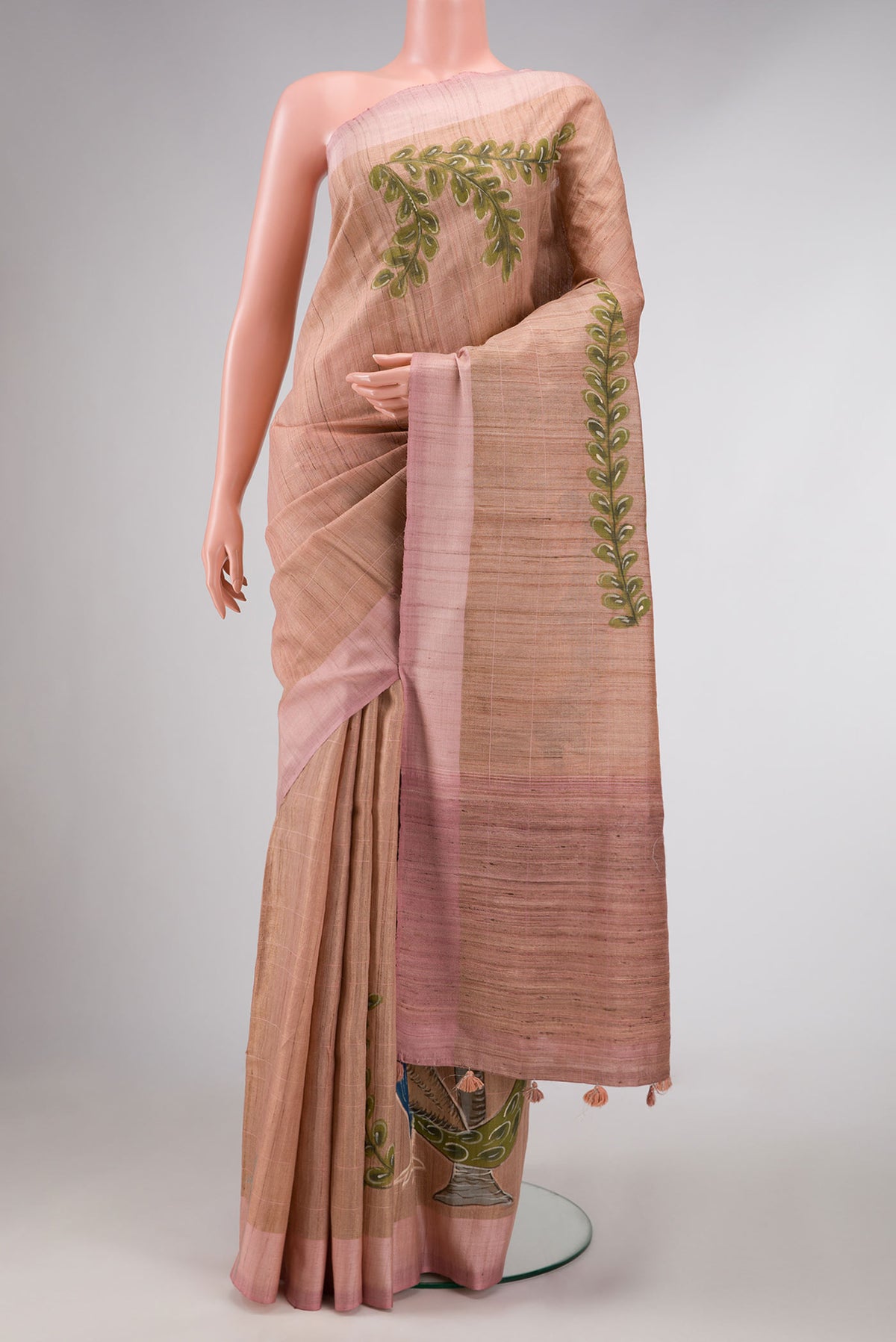 Rose Gold Dual Tone Tussar Silk Saree with Checked design on the body and Zari Border displayed on a mannequin