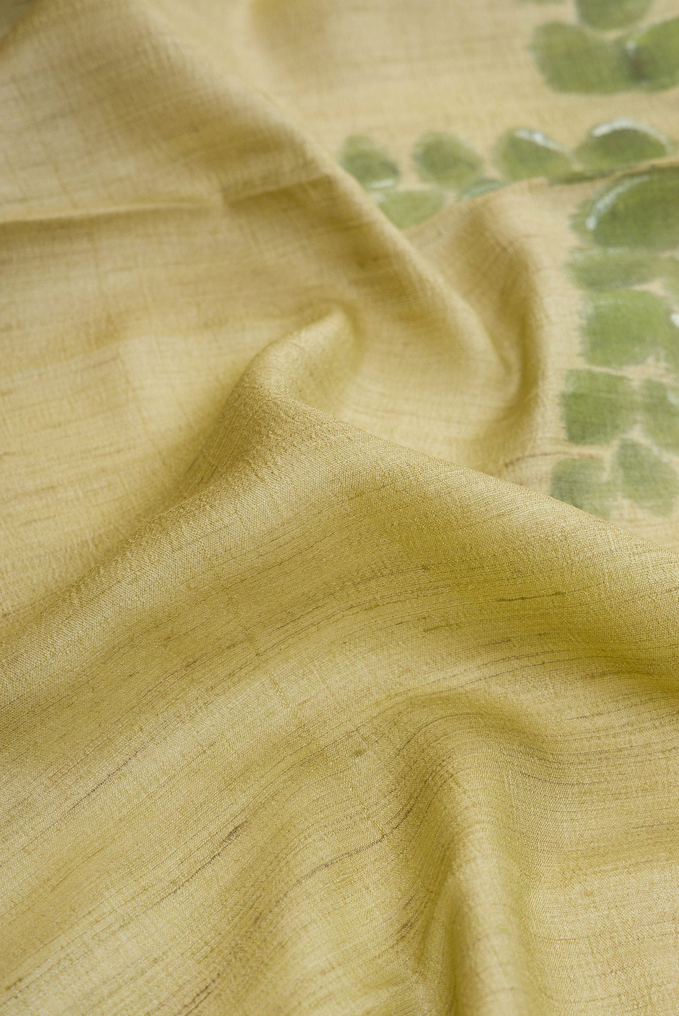 Close up of Pista Green Dual Tone Tussar Silk Saree with Printed design on the body and Plain Border.  displaying folds