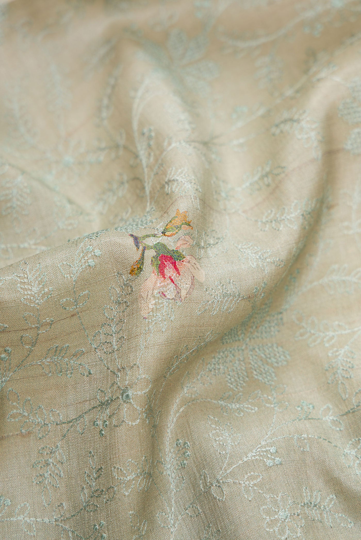Close up of Grey Dual Tone Tussar Silk Saree with Printed design on the body and Embroidery Border.  displaying folds