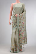 Grey Dual Tone Tussar Silk Saree with Printed design on the body and Embroidery Border.  displayed on a mannequin