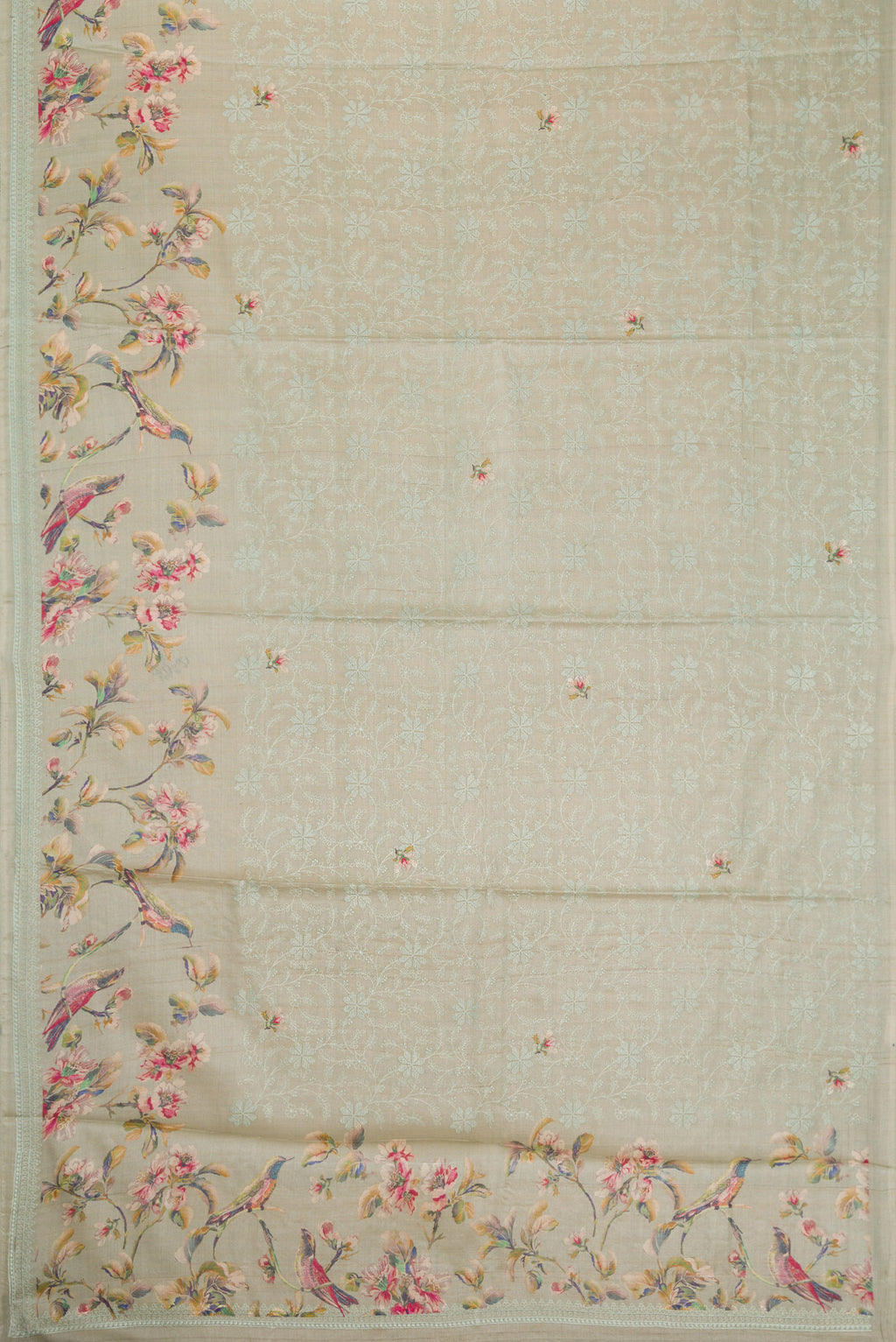 Flat view of Grey Dual Tone Tussar Silk Saree with Printed design on the body and Embroidery Border. 