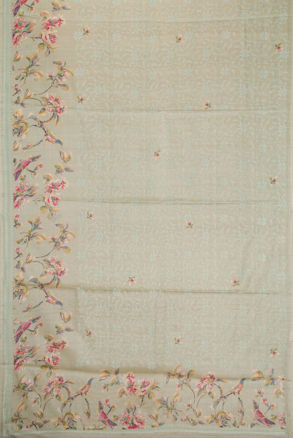 Flat view of Grey Dual Tone Tussar Silk Saree with Printed design on the body and Embroidery Border. 