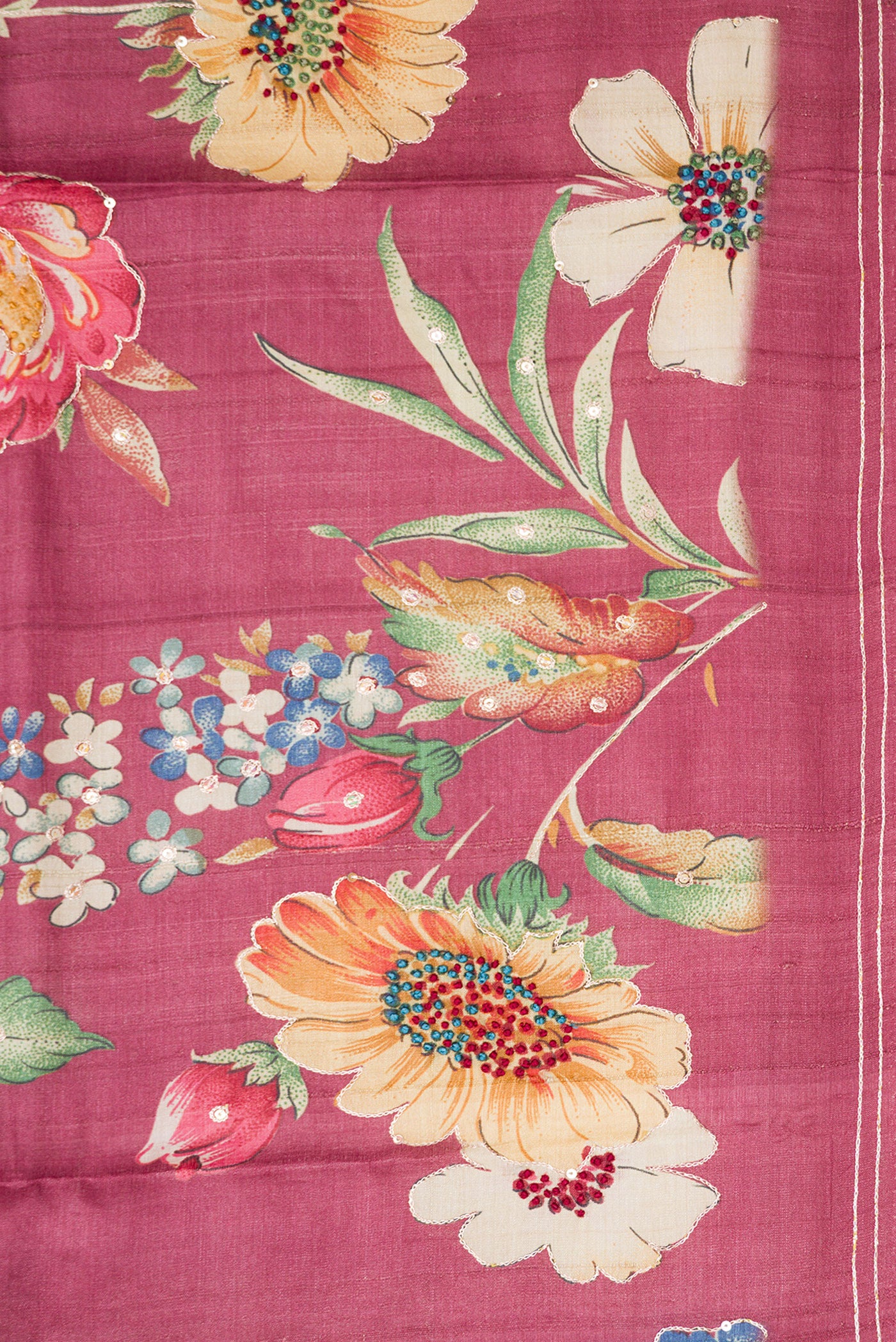Border image of Pink Dual Tone Tussar Silk Saree with Printed design on the body and Embroidery Border. 
