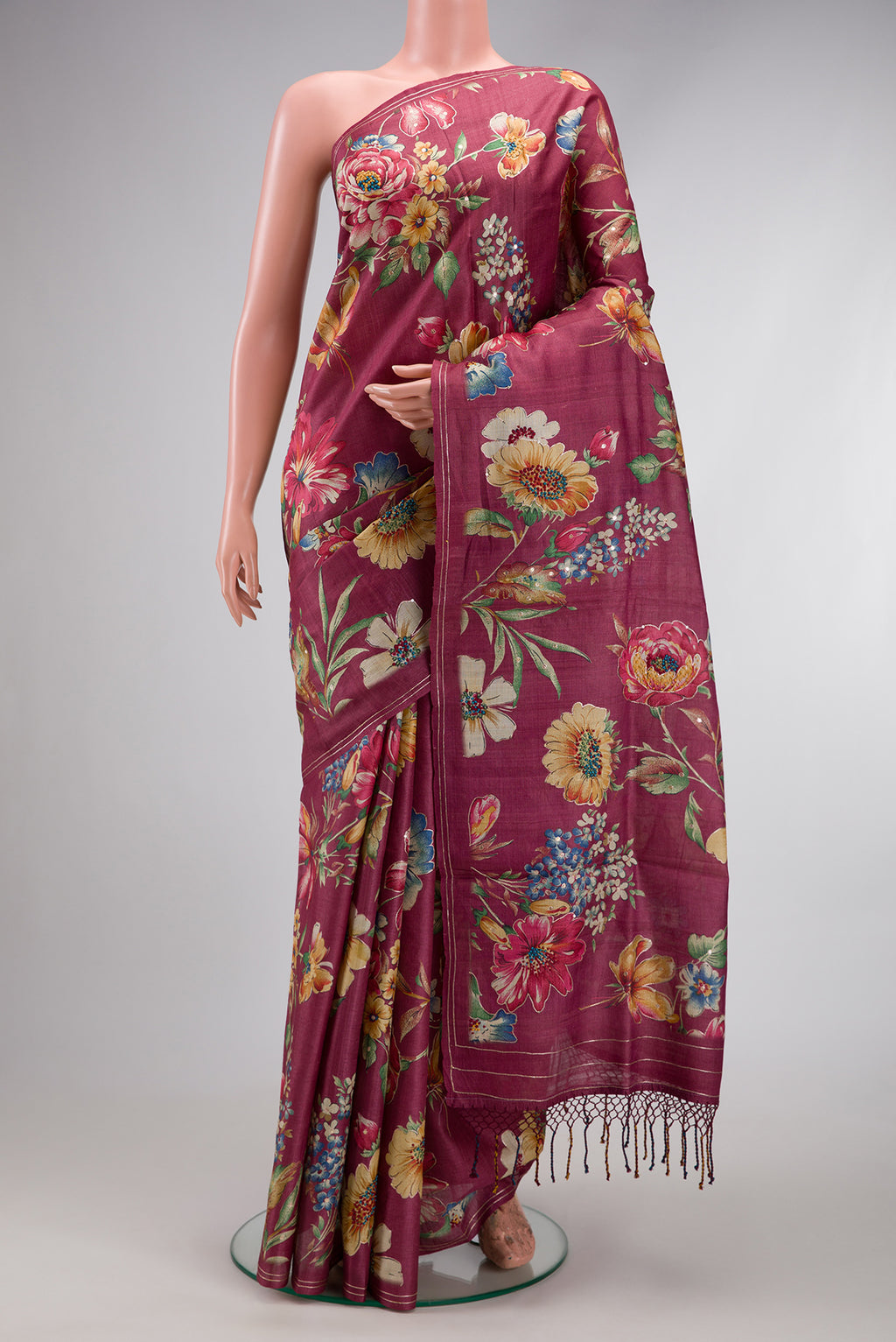 Pink Dual Tone Tussar Silk Saree with Printed design on the body and Embroidery Border.  displayed on a mannequin