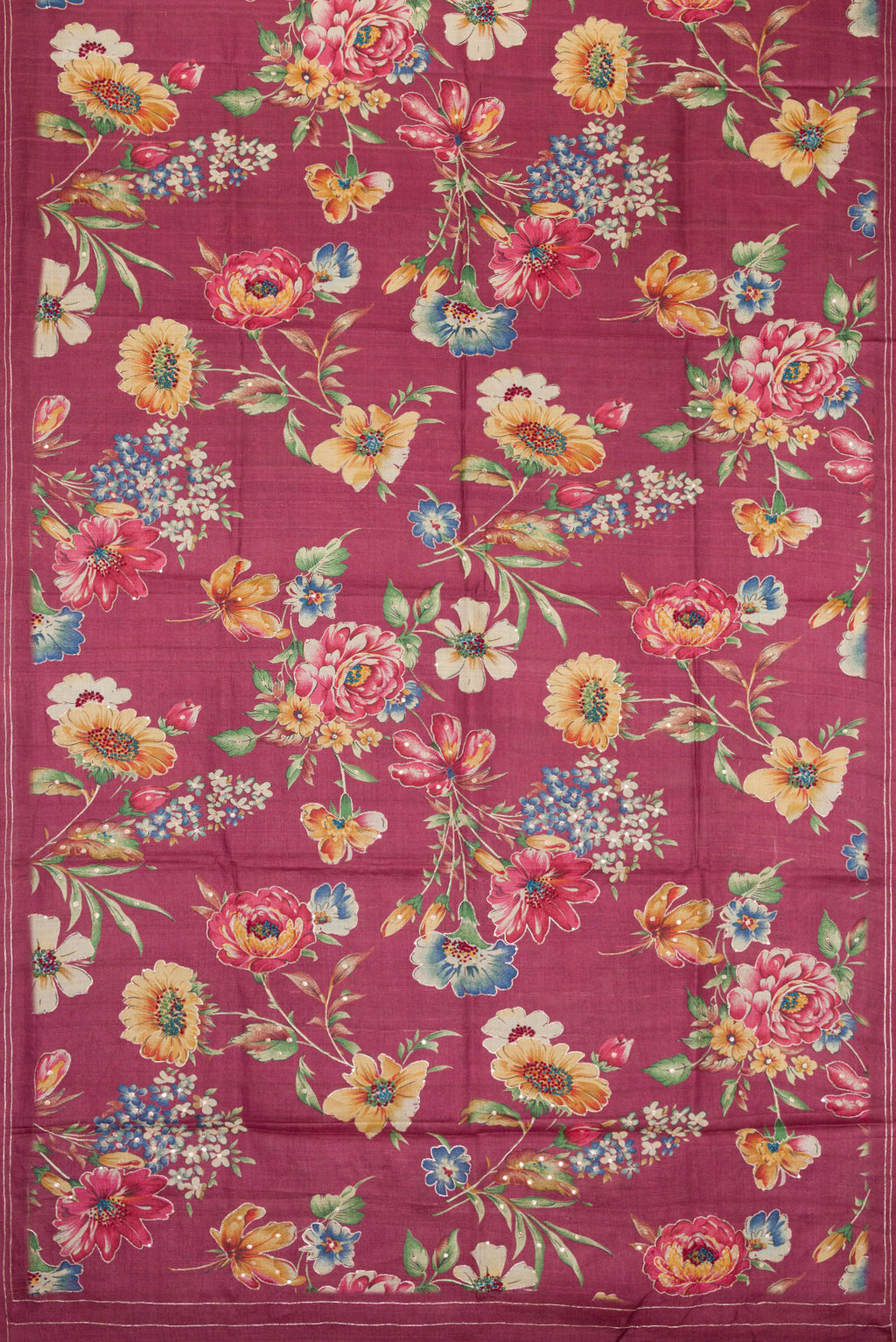 Flat view of Pink Dual Tone Tussar Silk Saree with Printed design on the body and Embroidery Border. 