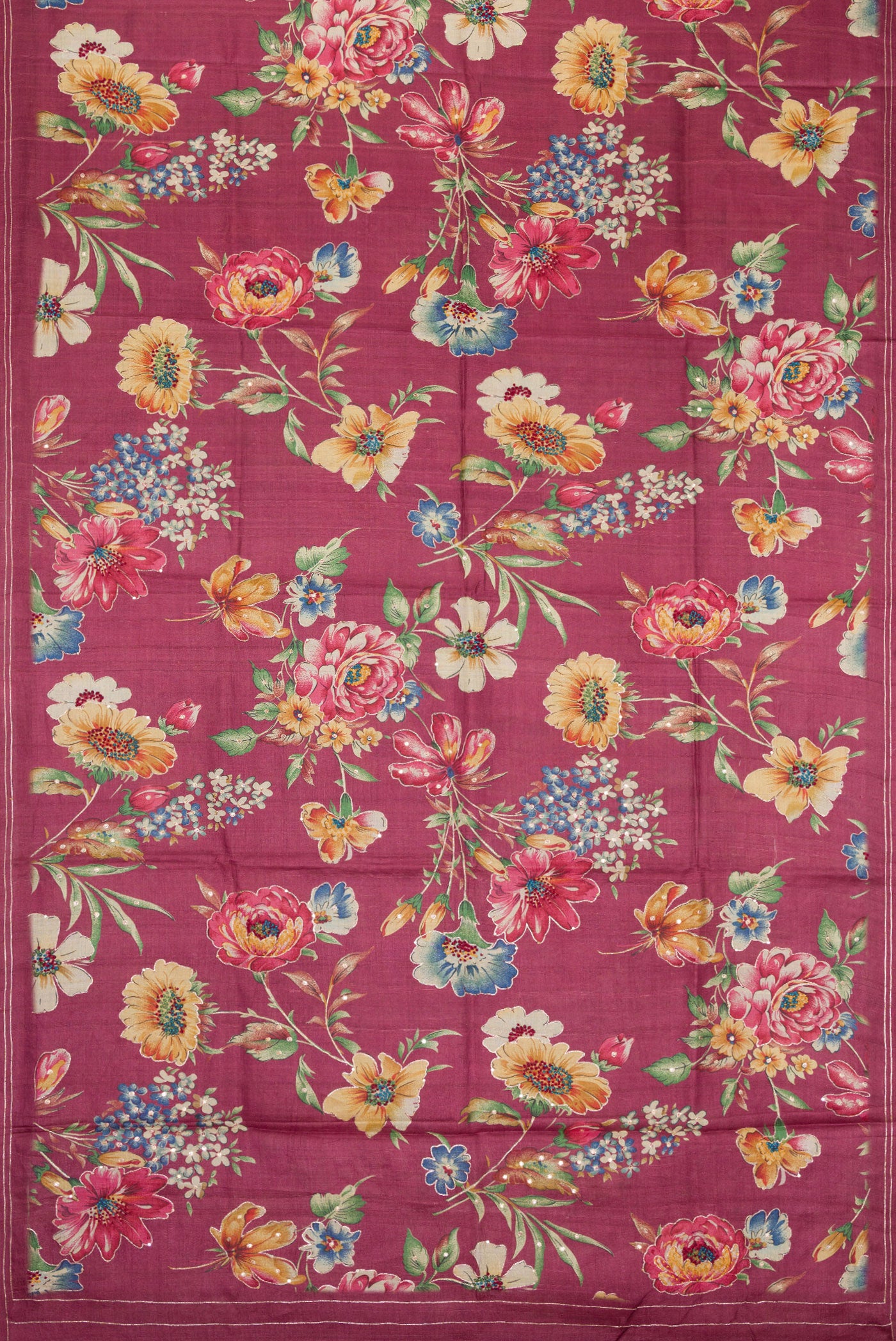 Flat view of Pink Dual Tone Tussar Silk Saree with Printed design on the body and Embroidery Border. 