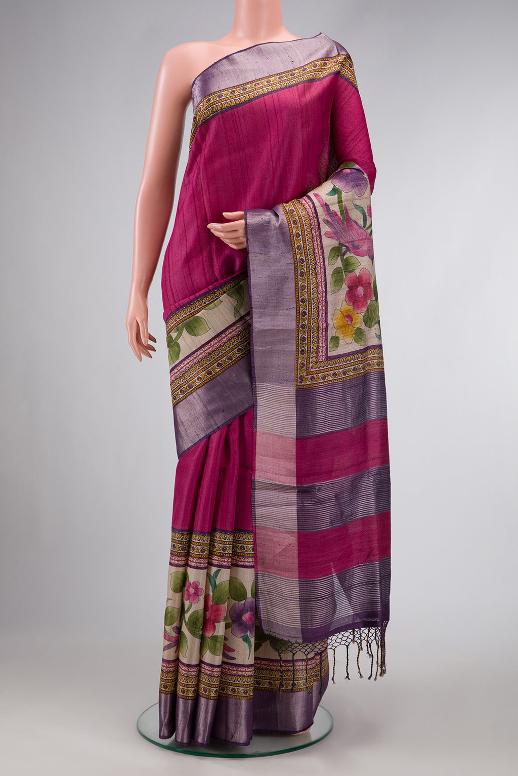 Magenta Dual Tone Tussar Silk Saree with Plain Body and Fancy Border.  displayed on a mannequin
