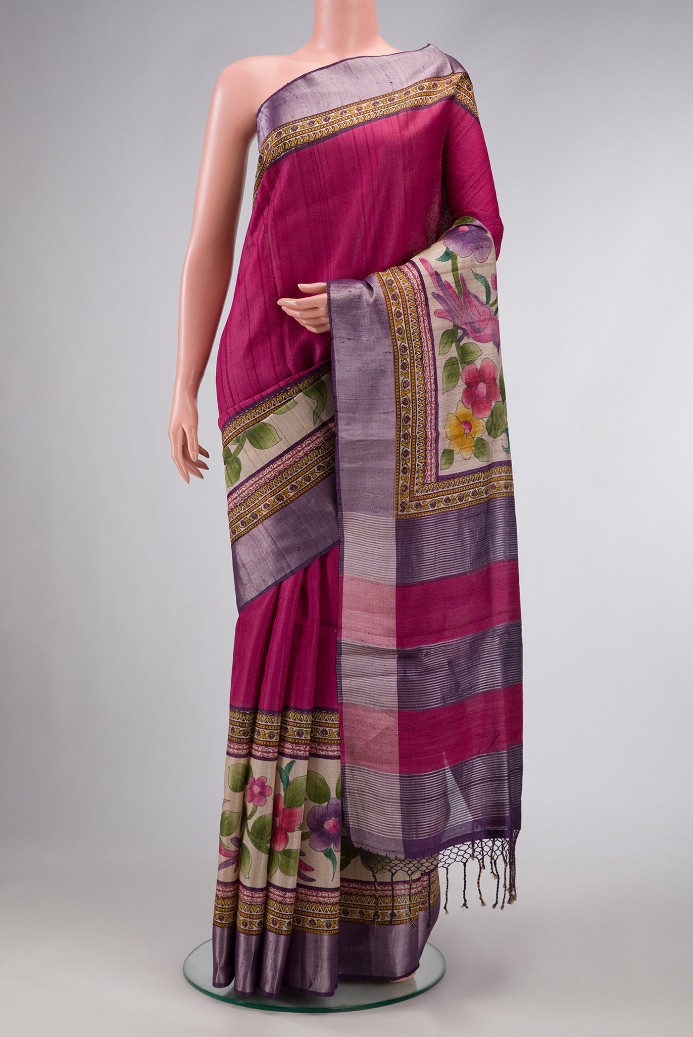 Magenta Dual Tone Tussar Silk Saree with Plain Body and Fancy Border.  displayed on a mannequin