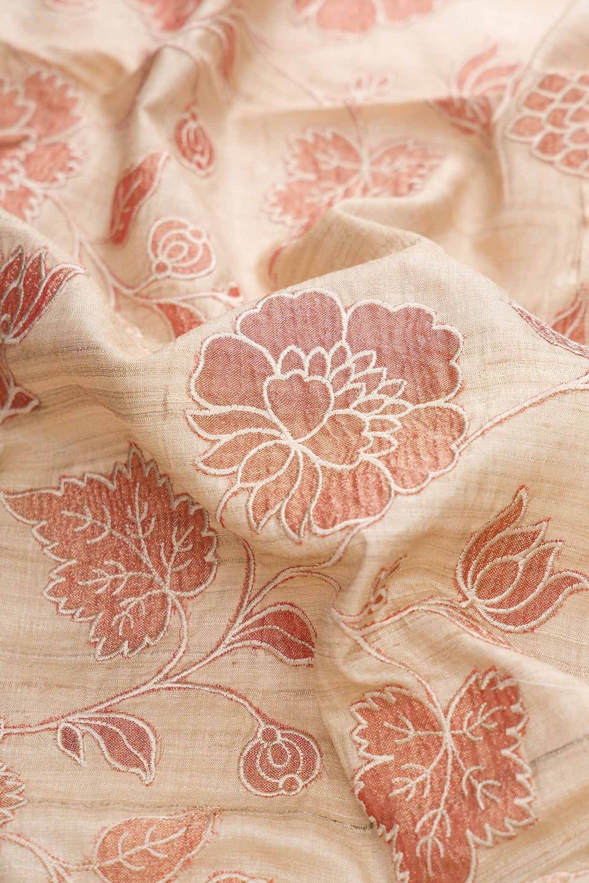 Close up of Beige Dual Tone Tussar Silk Saree with Printed design on the body and Printed Border displaying folds