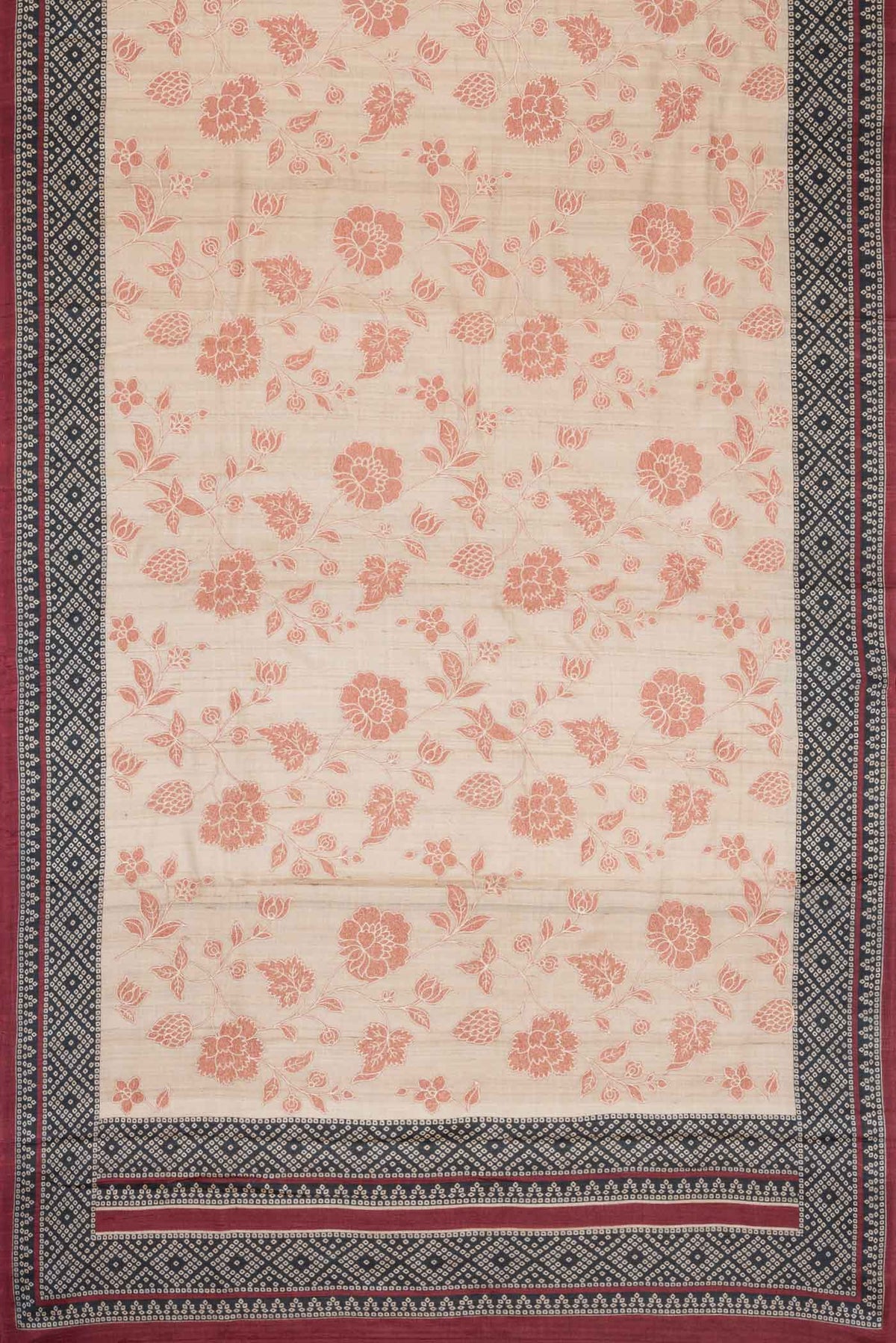 Flat view of Beige Dual Tone Tussar Silk Saree with Printed design on the body and Printed Border