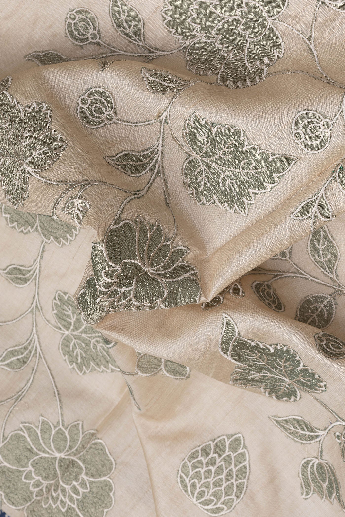 Close up of Beige Dual Tone Tussar Silk Saree with Embroidery on the body and Printed Border.  displaying folds