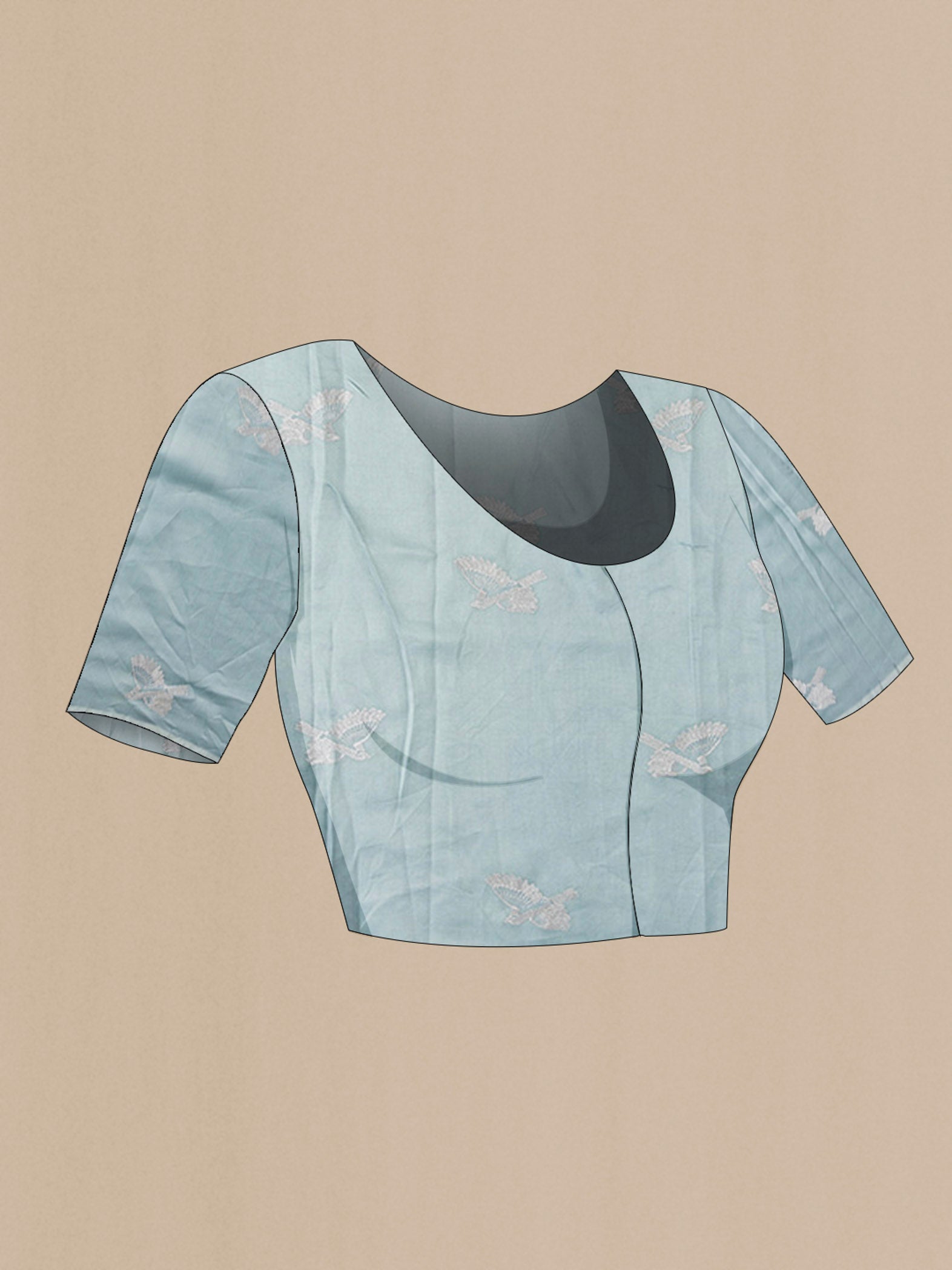 Close up image of the blouse of Light Blue Organza Silk Saree with Printed design on the body and Printed Border