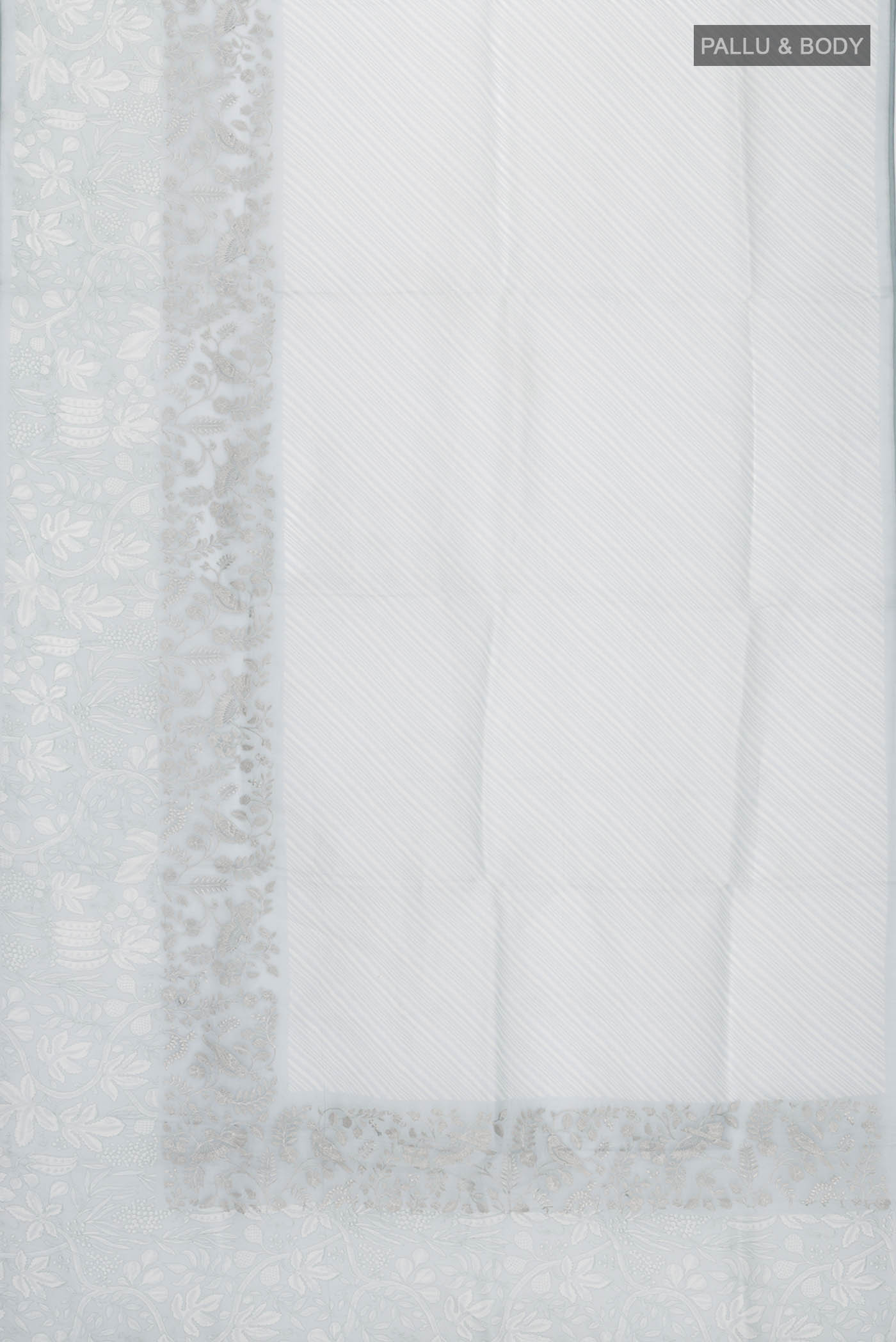 Flat view of Light Blue Organza Silk Saree with Printed design on the body and Printed Border