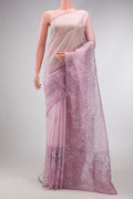 Lavender Dual Tone Organza Silk Saree with Printed design on the body and Embroidery Border.  displayed on a mannequin