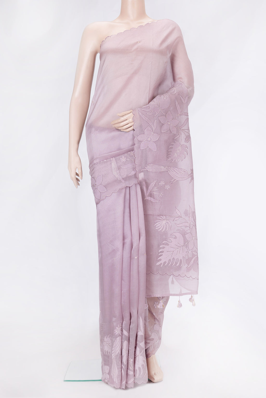 Lavender Dual Tone Organza Silk Saree with Embroidery on the body and Embroidery Border.  displayed on a mannequin