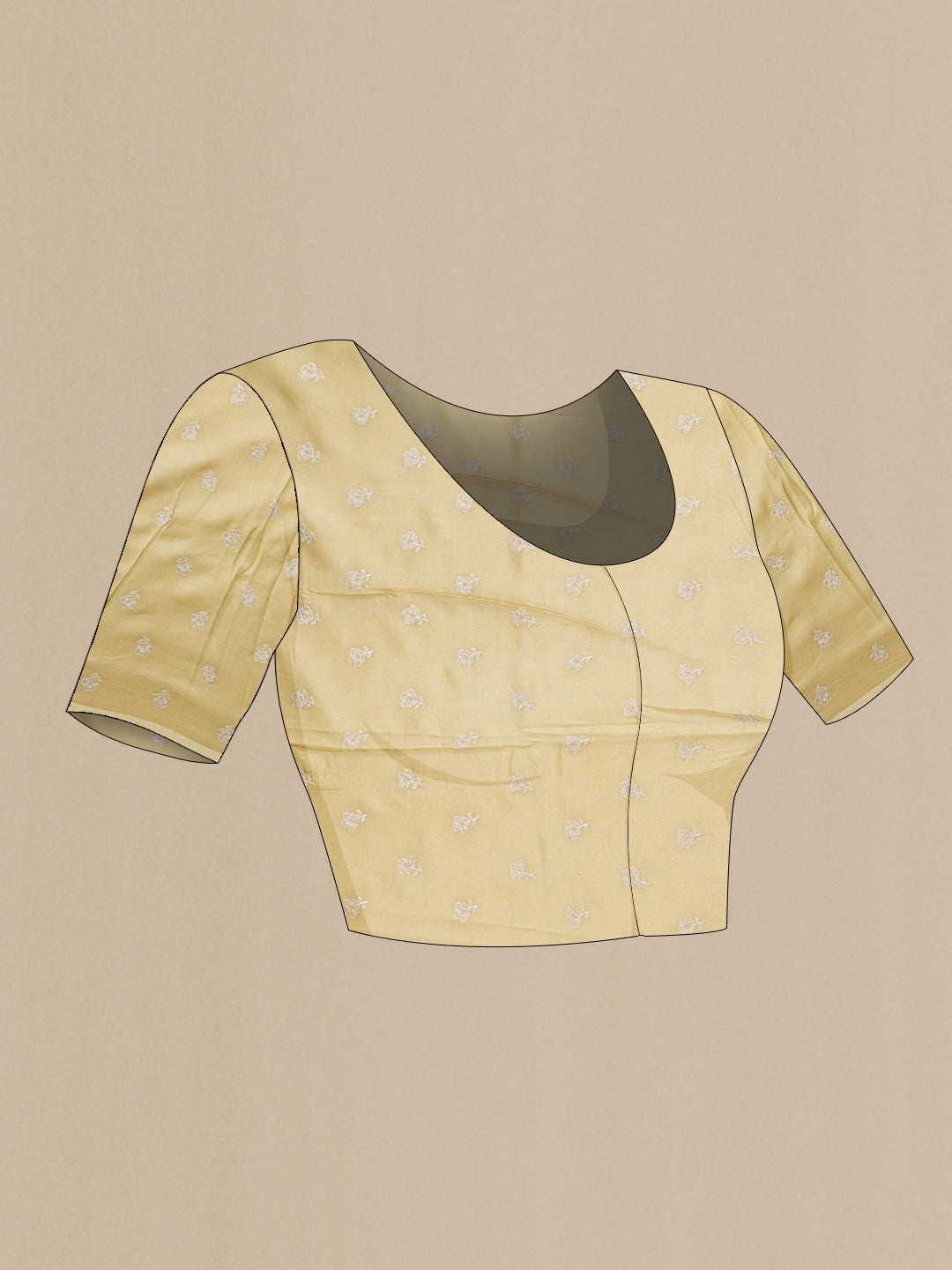 Close up image of the blouse of Beige Dual Tone Organza Silk Saree with Printed design on the body and Embroidery Border. 