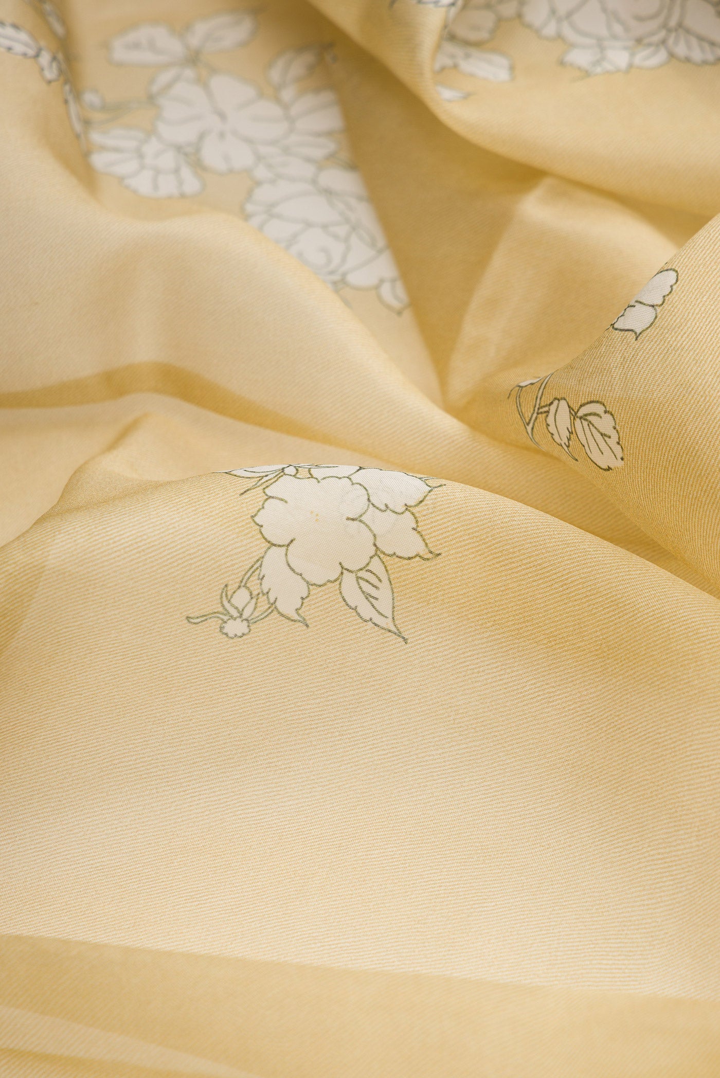 Close up of Beige Dual Tone Organza Silk Saree with Printed design on the body and Embroidery Border.  displaying folds